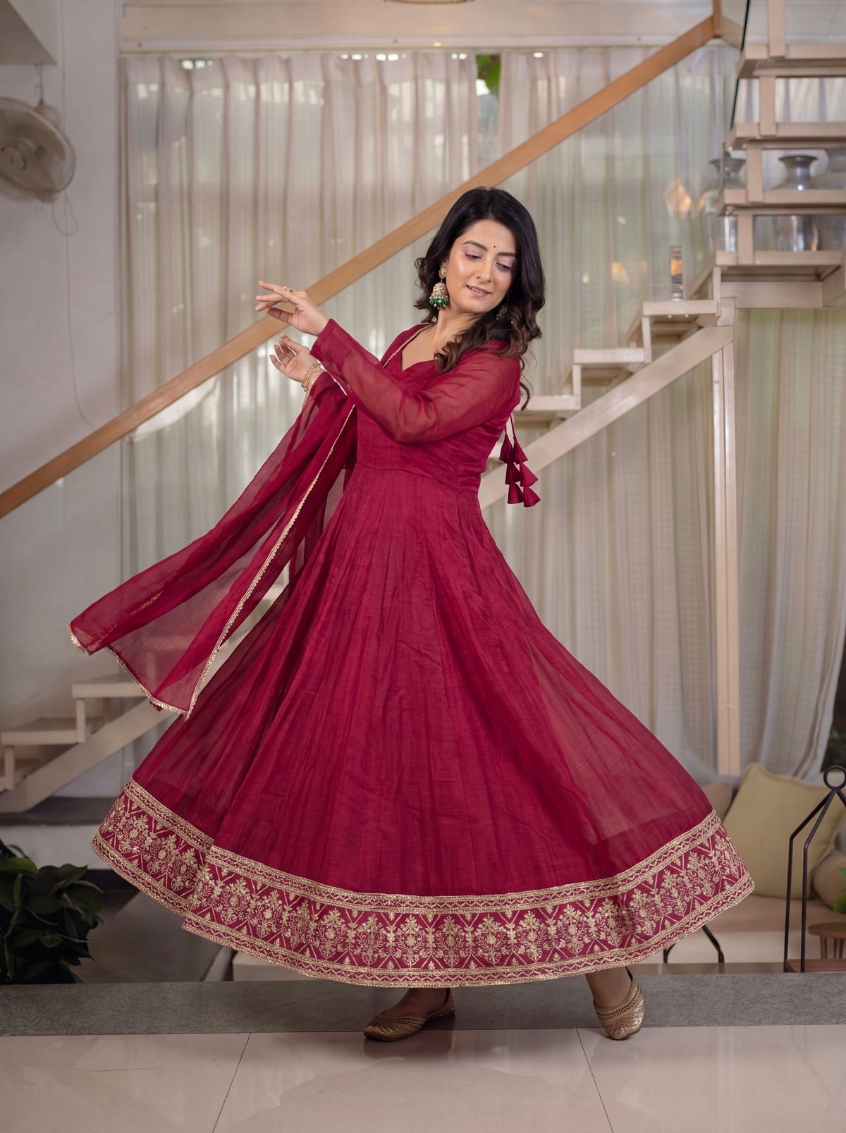 Wine Red Heavy Crunchy Silk Embroidered Anarkali Suit Set with Dupatta
