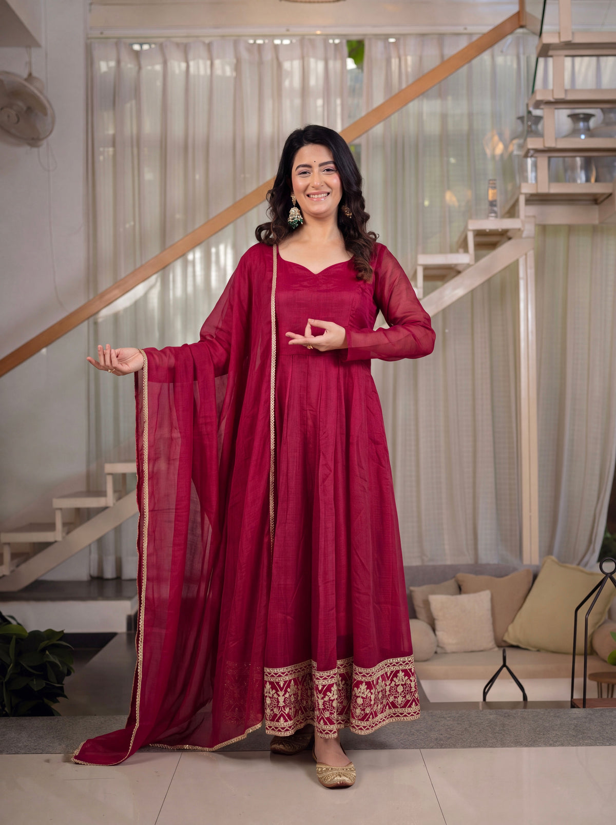 Wine Red Heavy Crunchy Silk Embroidered Anarkali Suit Set with Dupatta