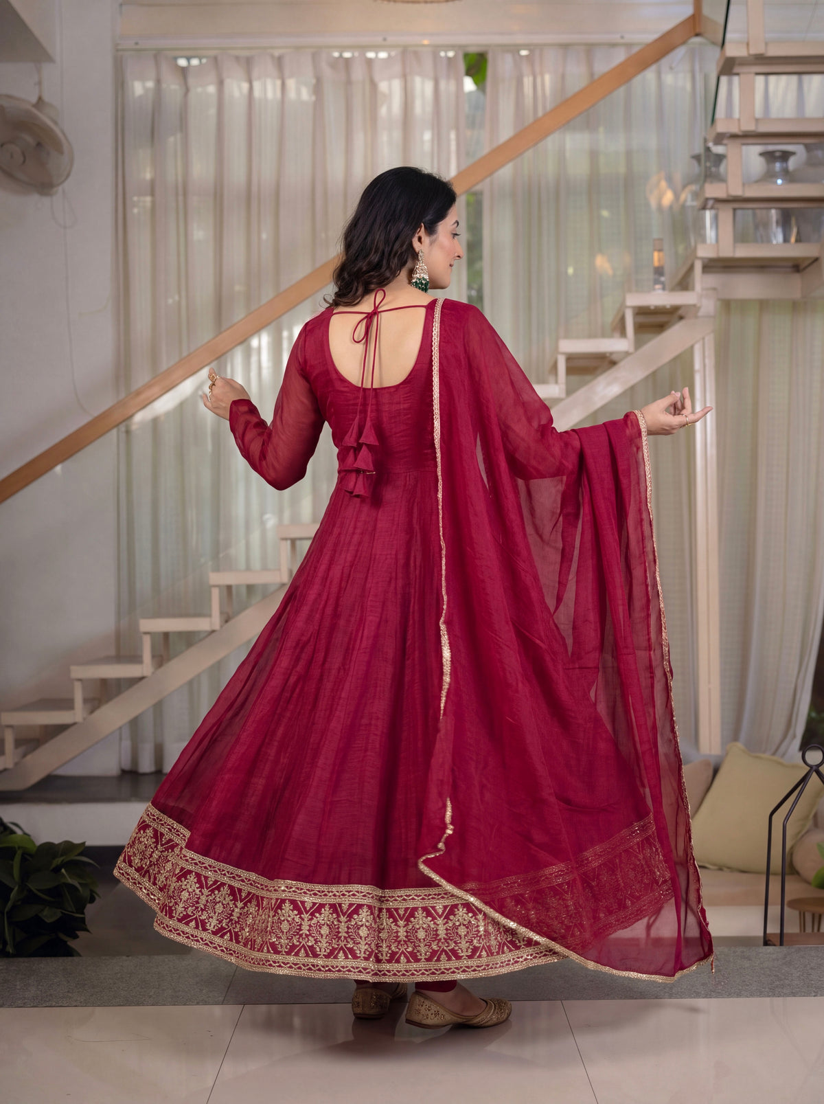 Wine Red Heavy Crunchy Silk Embroidered Anarkali Suit Set with Dupatta