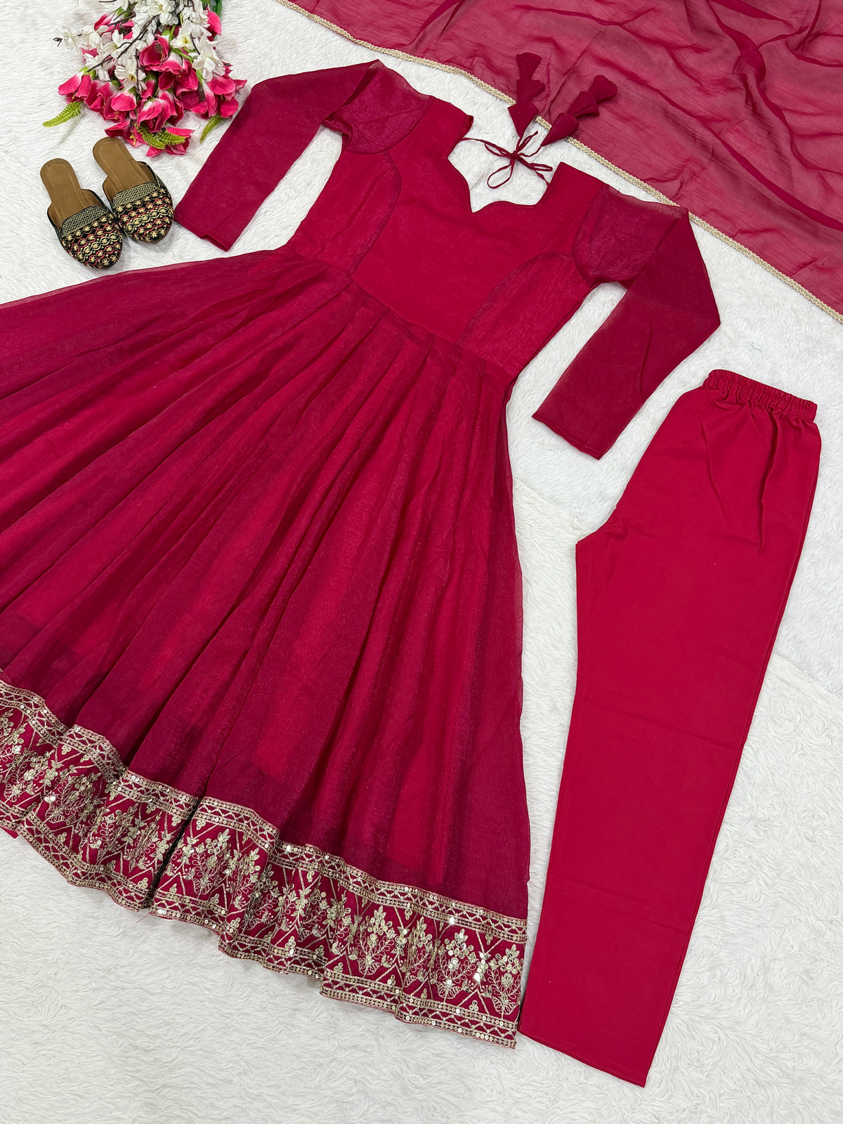 Wine Red Heavy Crunchy Silk Embroidered Anarkali Suit Set with Dupatta