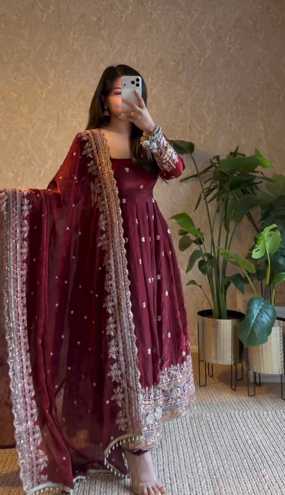 Wine Burgundy Fandy Silk Embroidered Anarkali Gown Set with Sequins Work