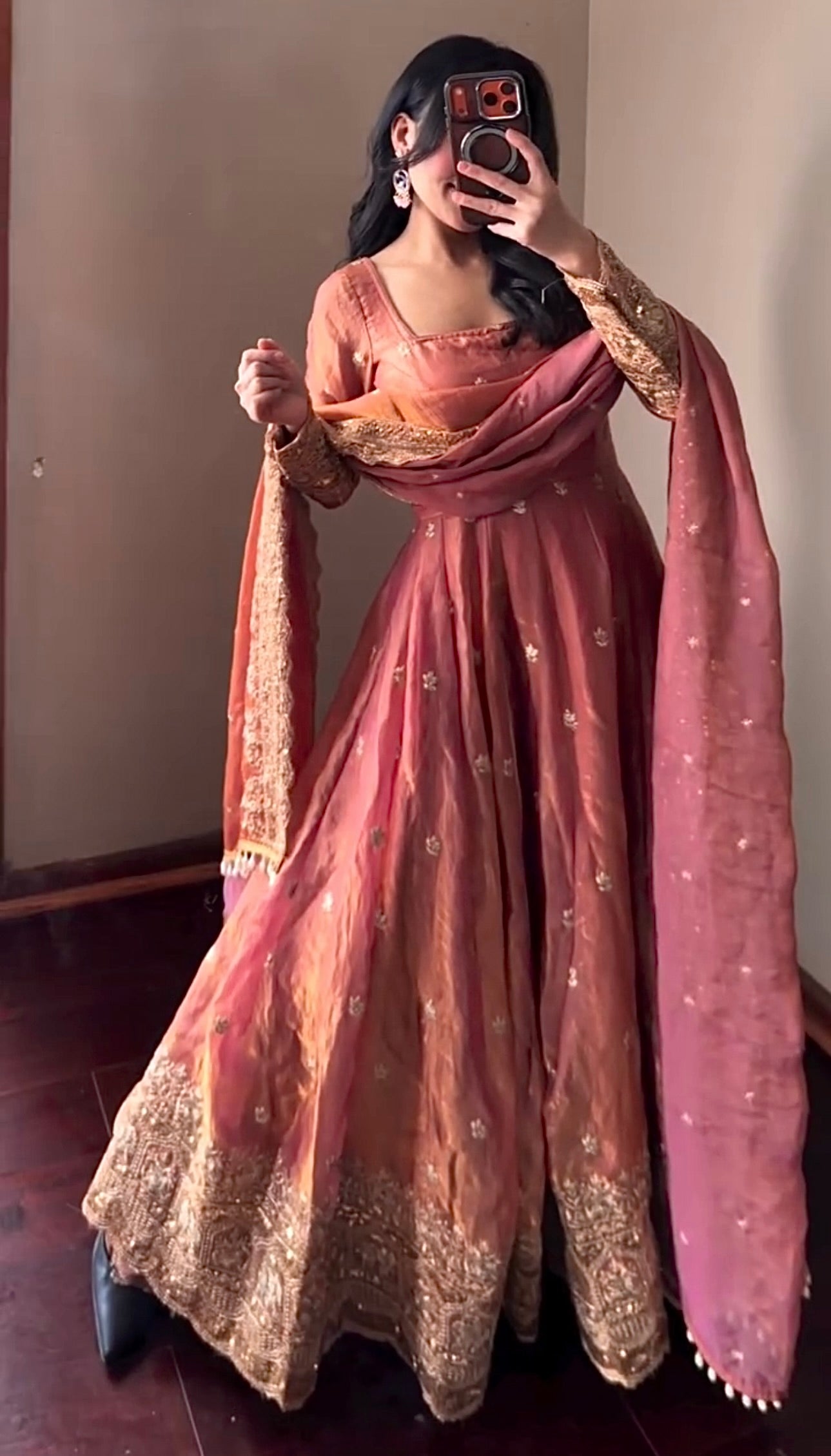 Dusty Rose Pink Fandy Silk Embroidered Anarkali Gown Set with Sequins Dupatta