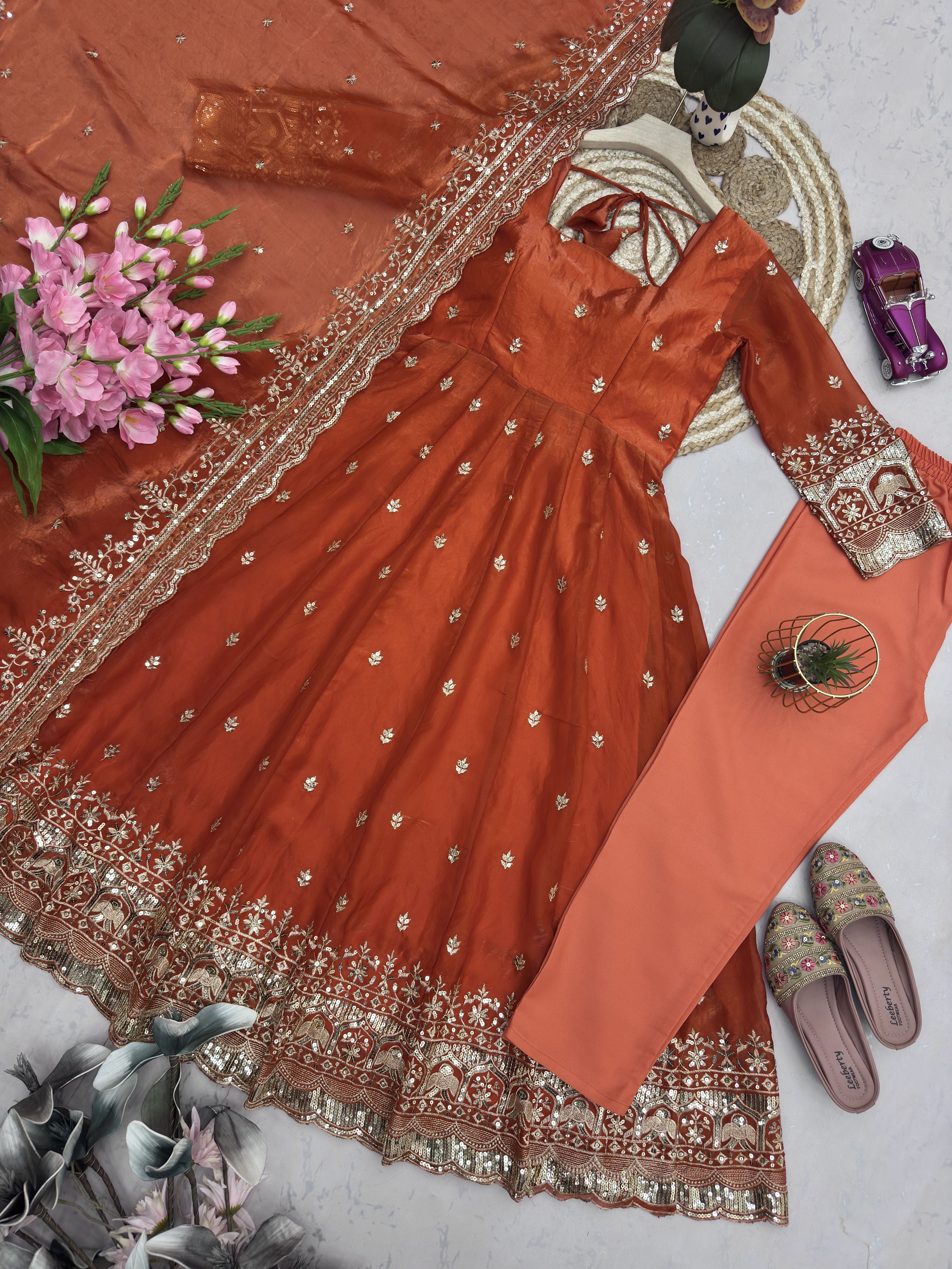 Rust Orange Fandy Silk Embroidered Anarkali Gown Set with Sequins Work