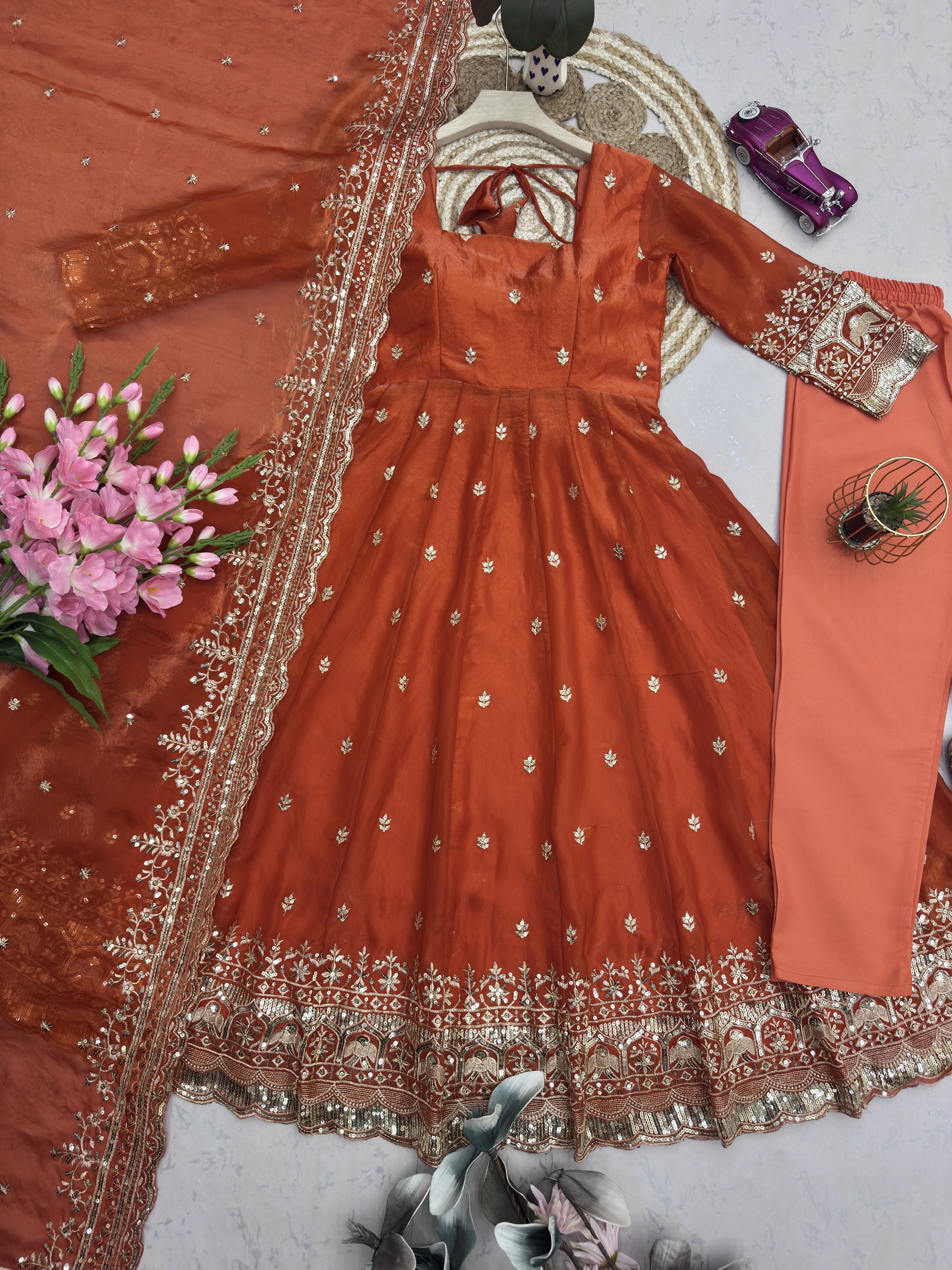Rust Orange Fandy Silk Embroidered Anarkali Gown Set with Sequins Work