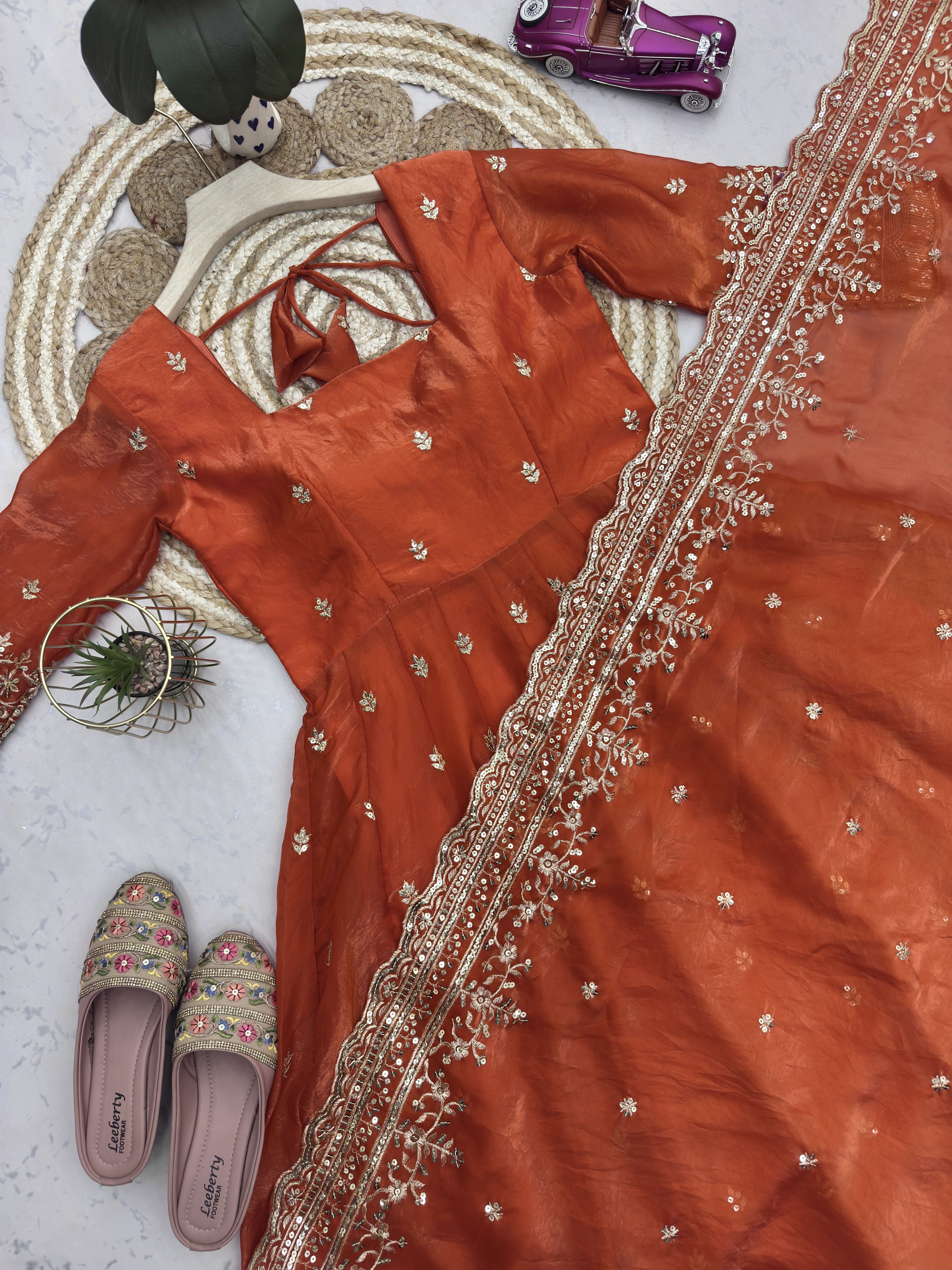 Rust Orange Fandy Silk Embroidered Anarkali Gown Set with Sequins Work