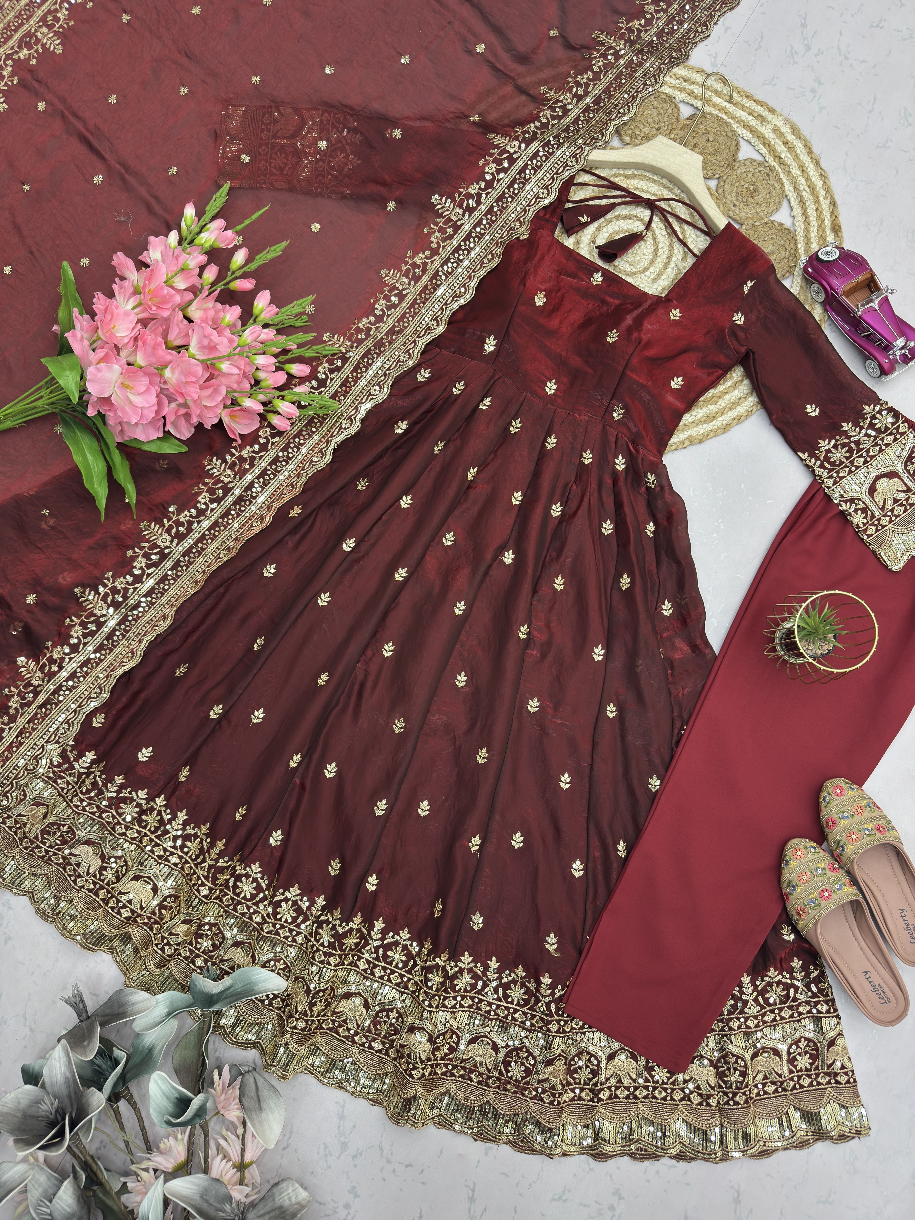 Wine Burgundy Fandy Silk Embroidered Anarkali Gown Set with Sequins Work