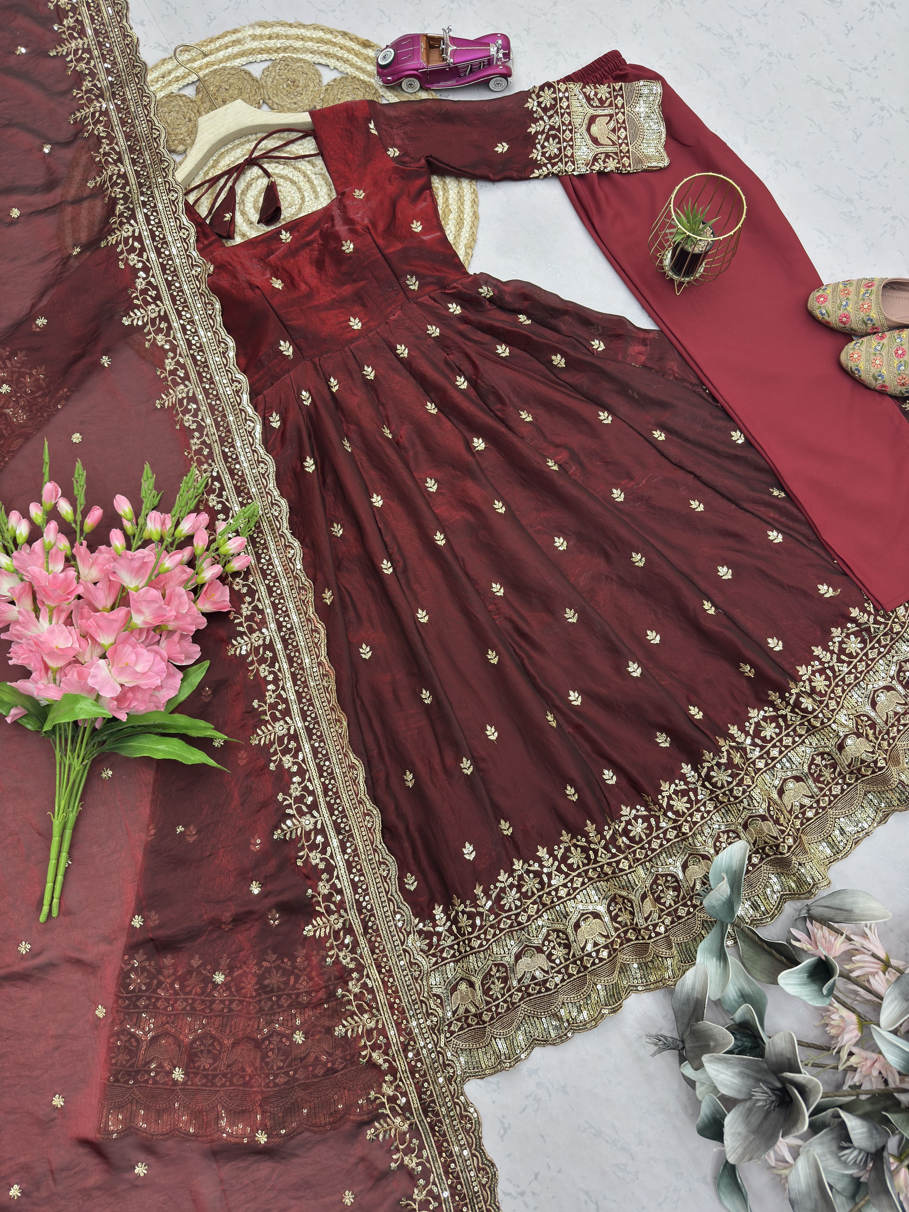 Wine Burgundy Fandy Silk Embroidered Anarkali Gown Set with Sequins Work