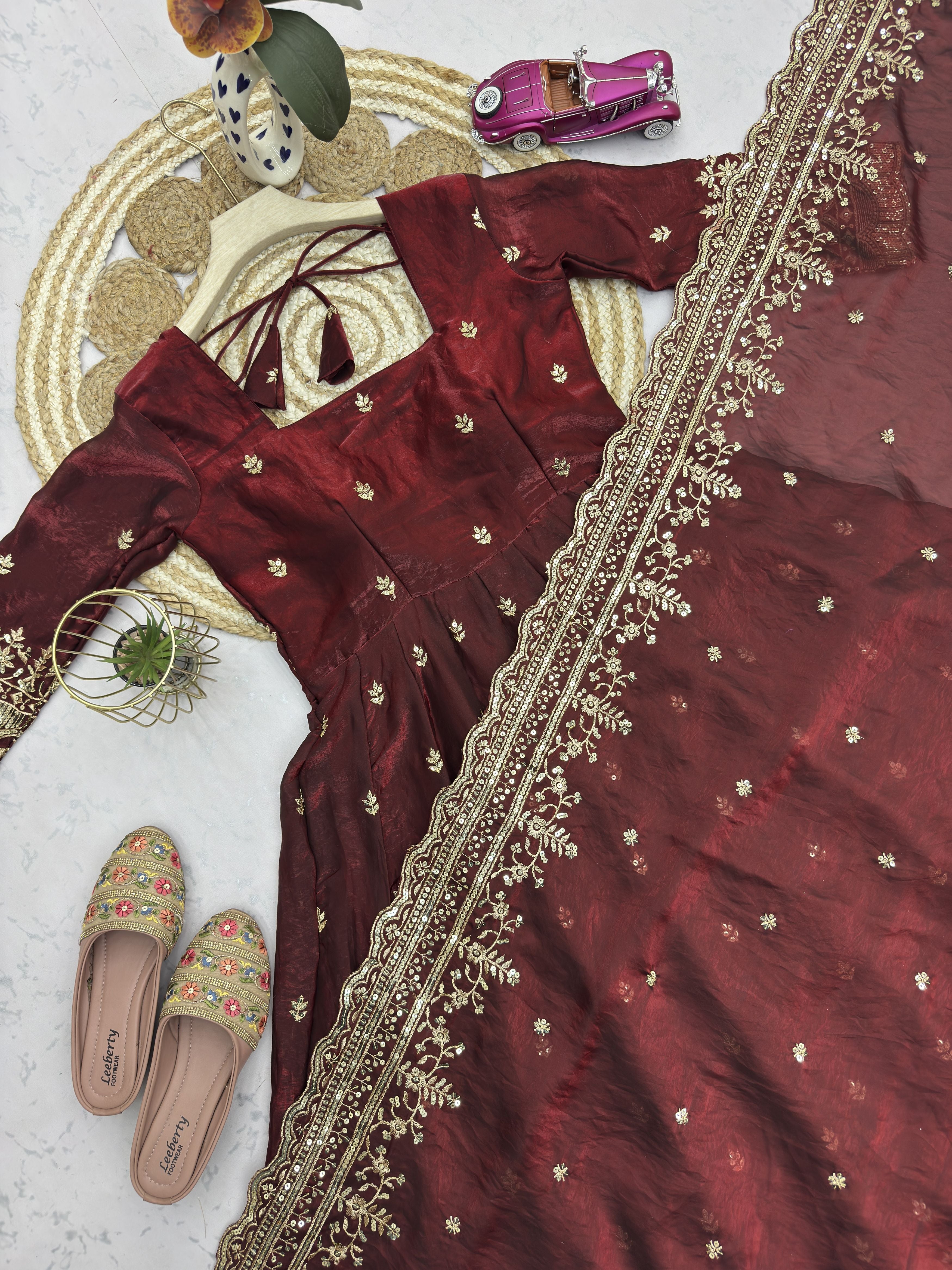 Wine Burgundy Fandy Silk Embroidered Anarkali Gown Set with Sequins Work