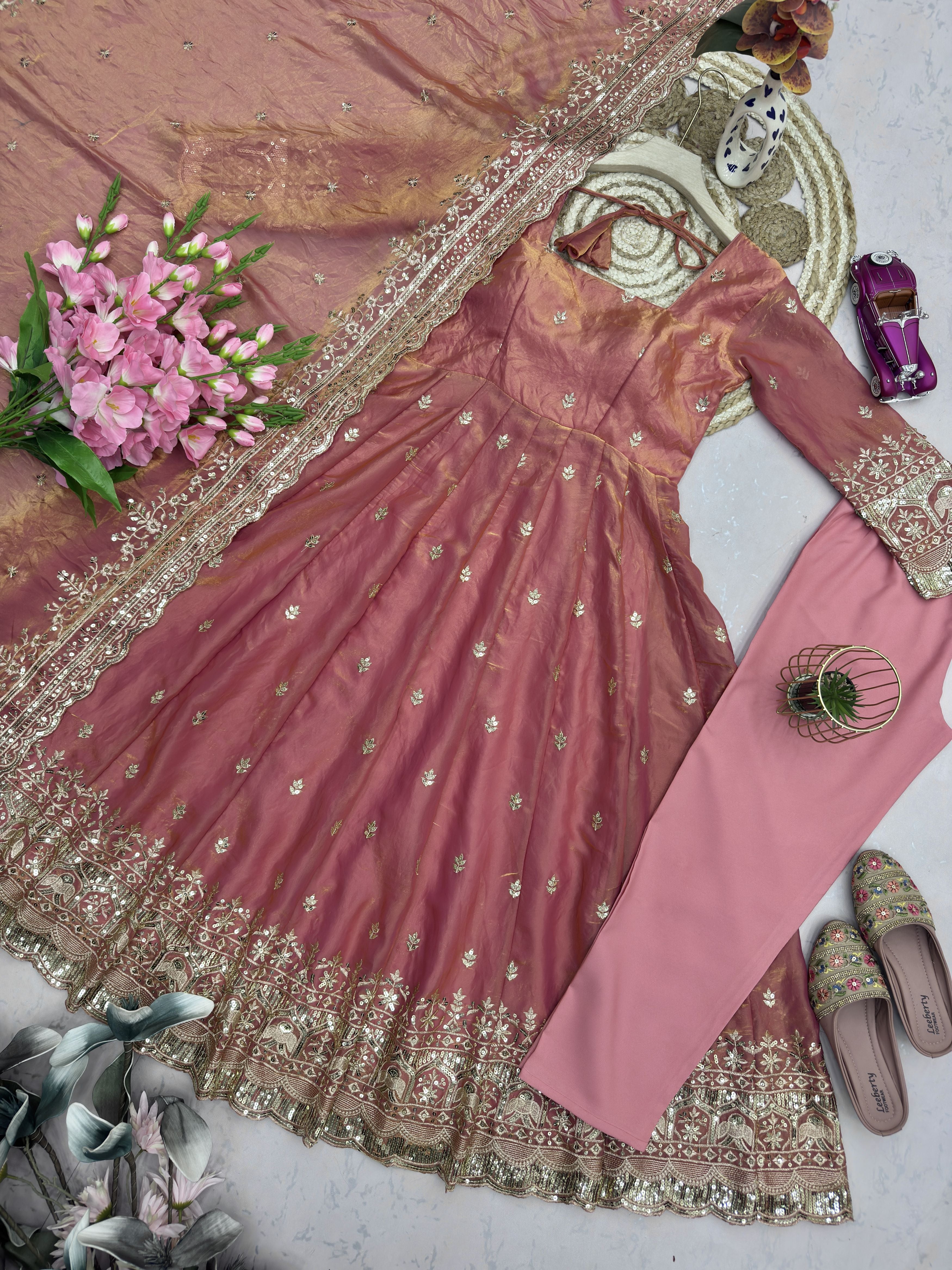 Dusty Rose Pink Fandy Silk Embroidered Anarkali Gown Set with Sequins Dupatta