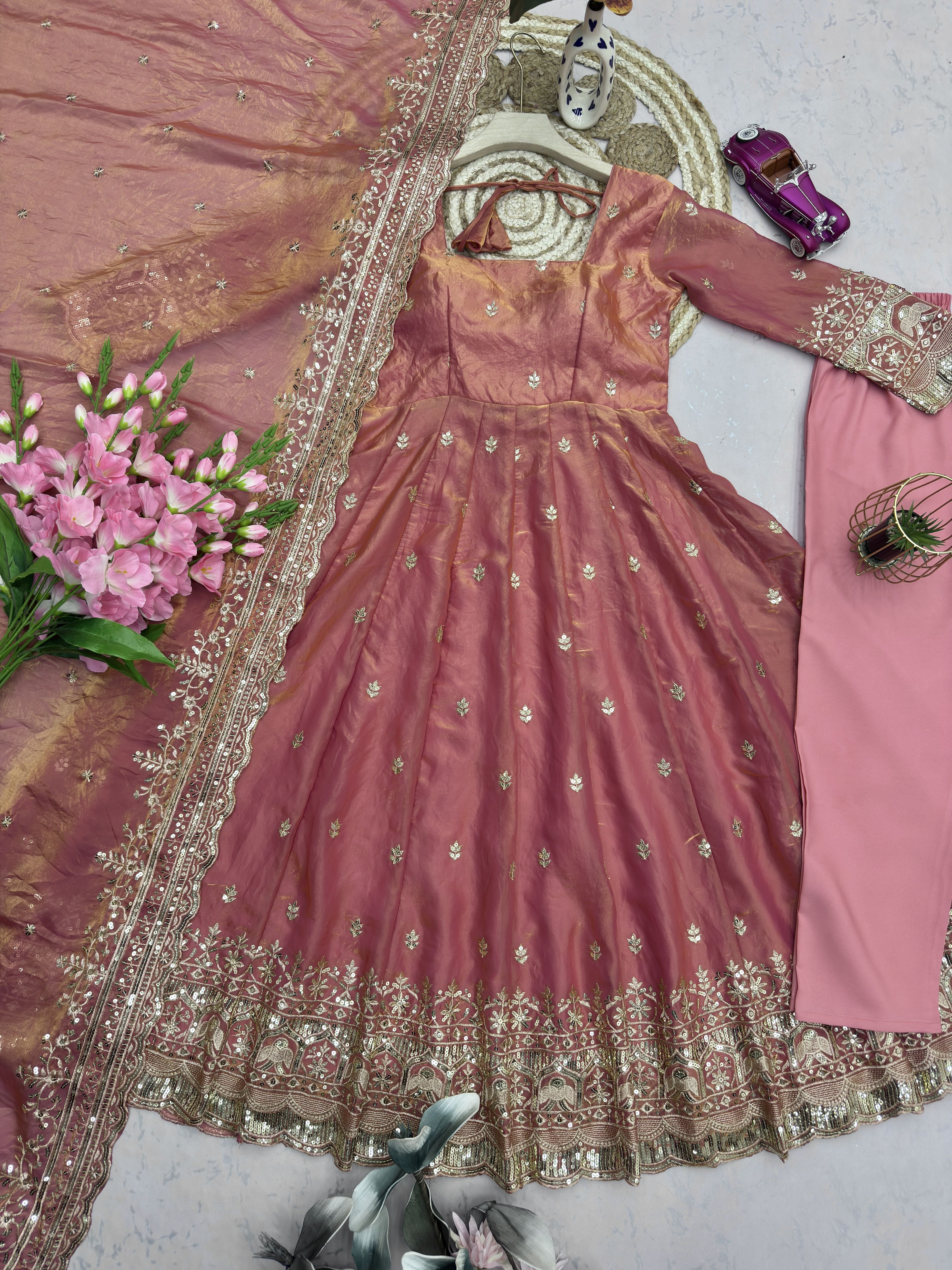 Dusty Rose Pink Fandy Silk Embroidered Anarkali Gown Set with Sequins Dupatta