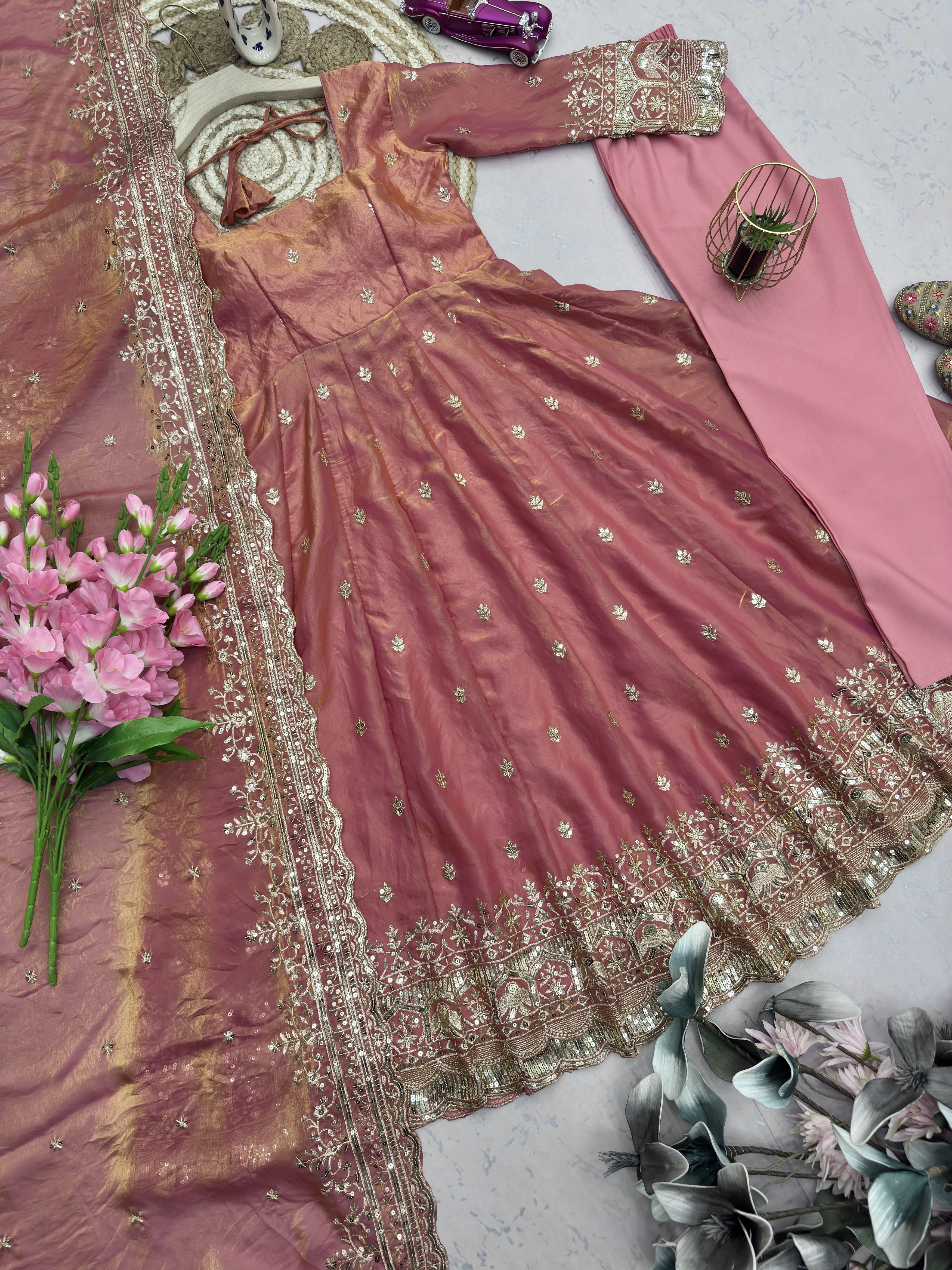 Dusty Rose Pink Fandy Silk Embroidered Anarkali Gown Set with Sequins Dupatta