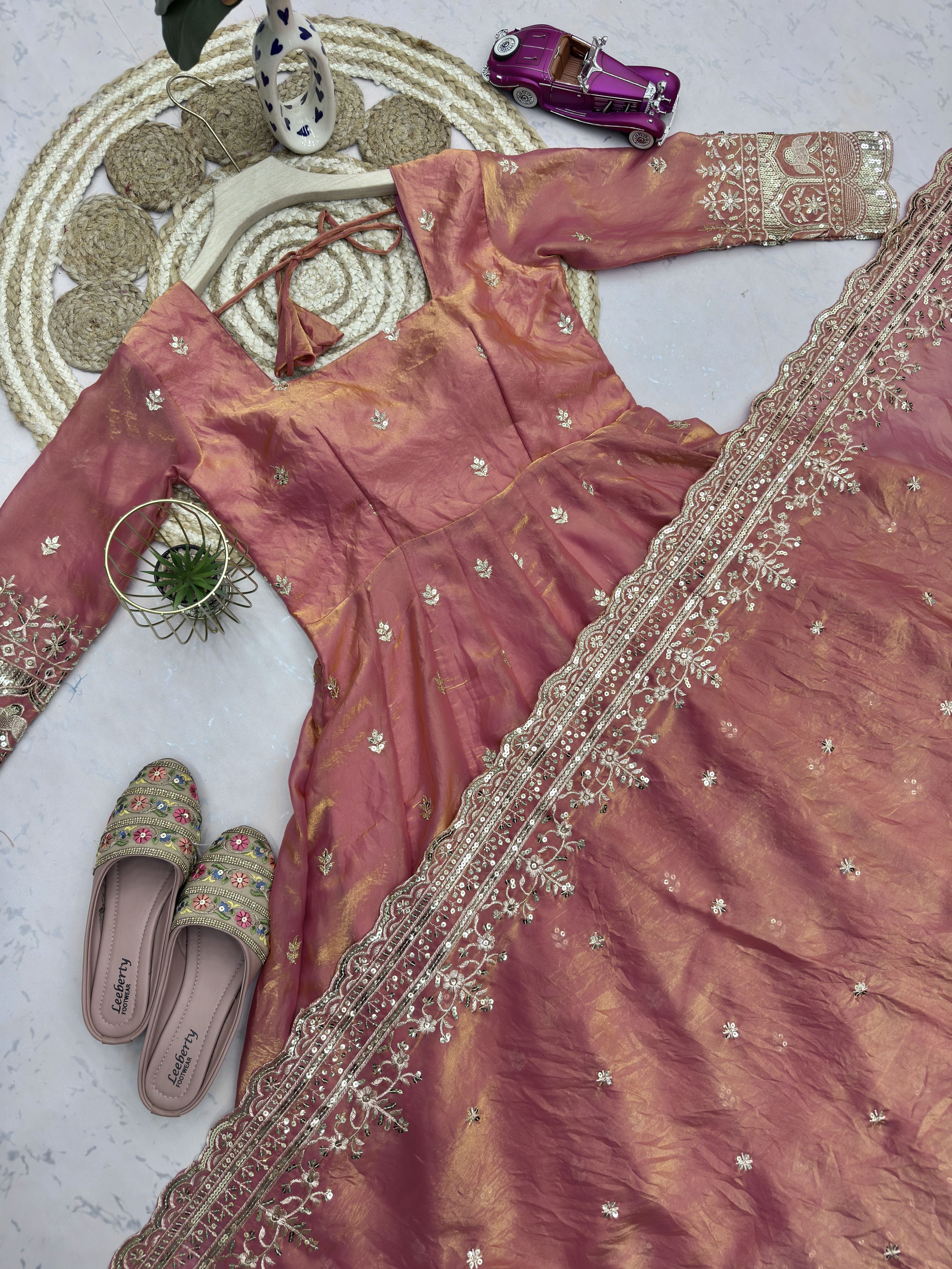 Dusty Rose Pink Fandy Silk Embroidered Anarkali Gown Set with Sequins Dupatta