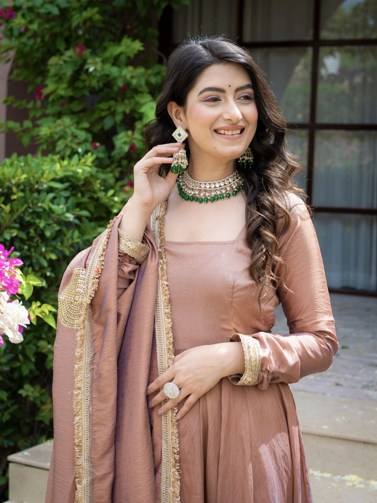 Mocha Brown Heavy Vichitra Silk Anarkali Suit Set with Embroidered Dupatta