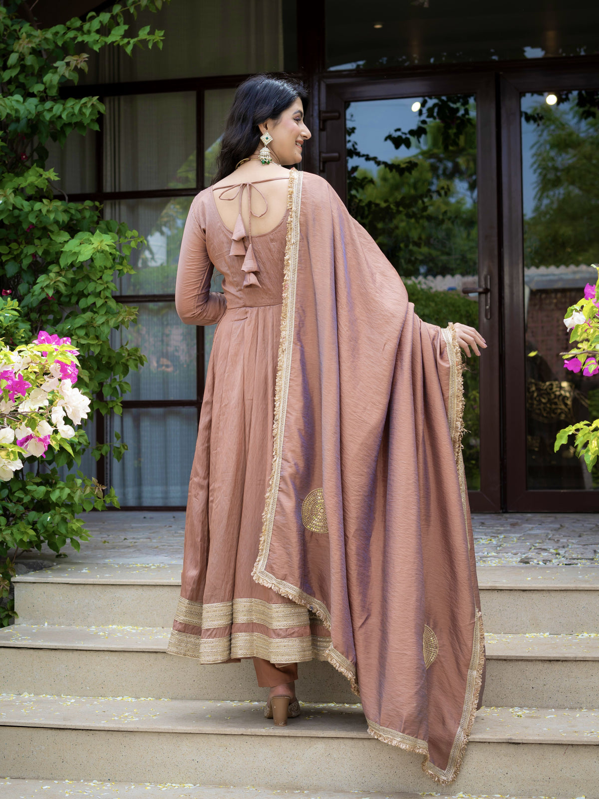 Mocha Brown Heavy Vichitra Silk Anarkali Suit Set with Embroidered Dupatta