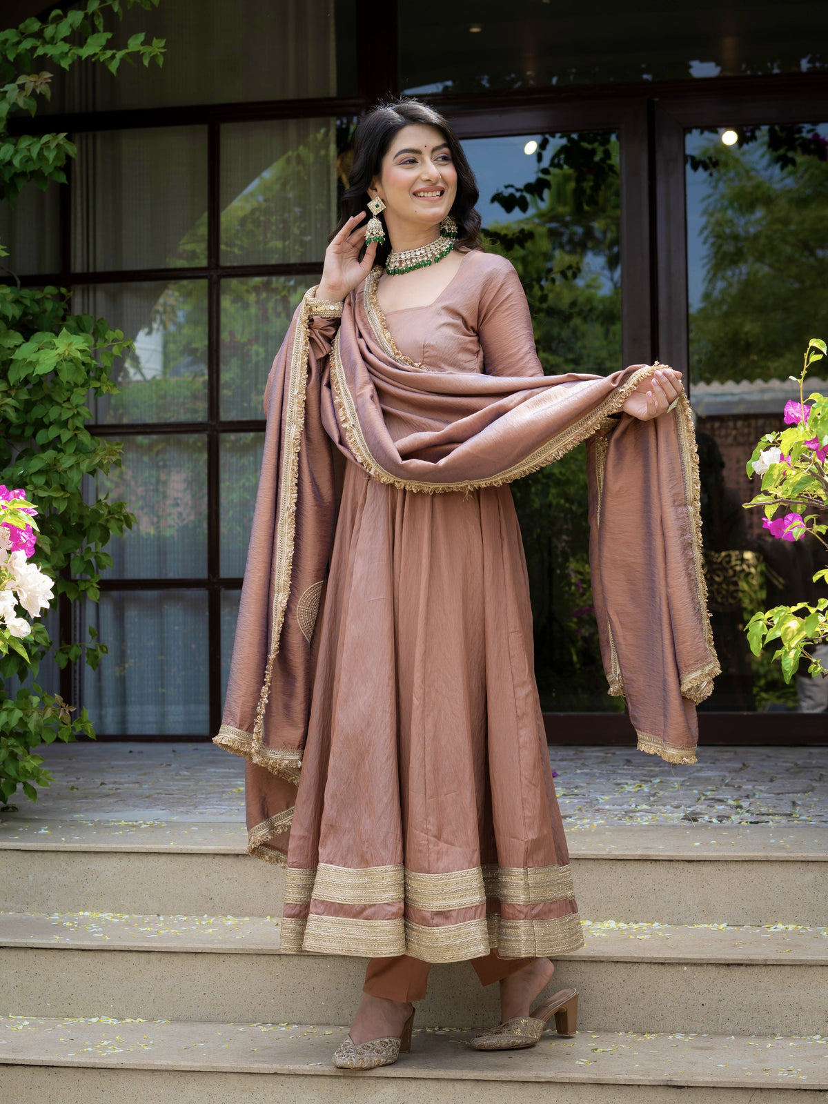Mocha Brown Heavy Vichitra Silk Anarkali Suit Set with Embroidered Dupatta