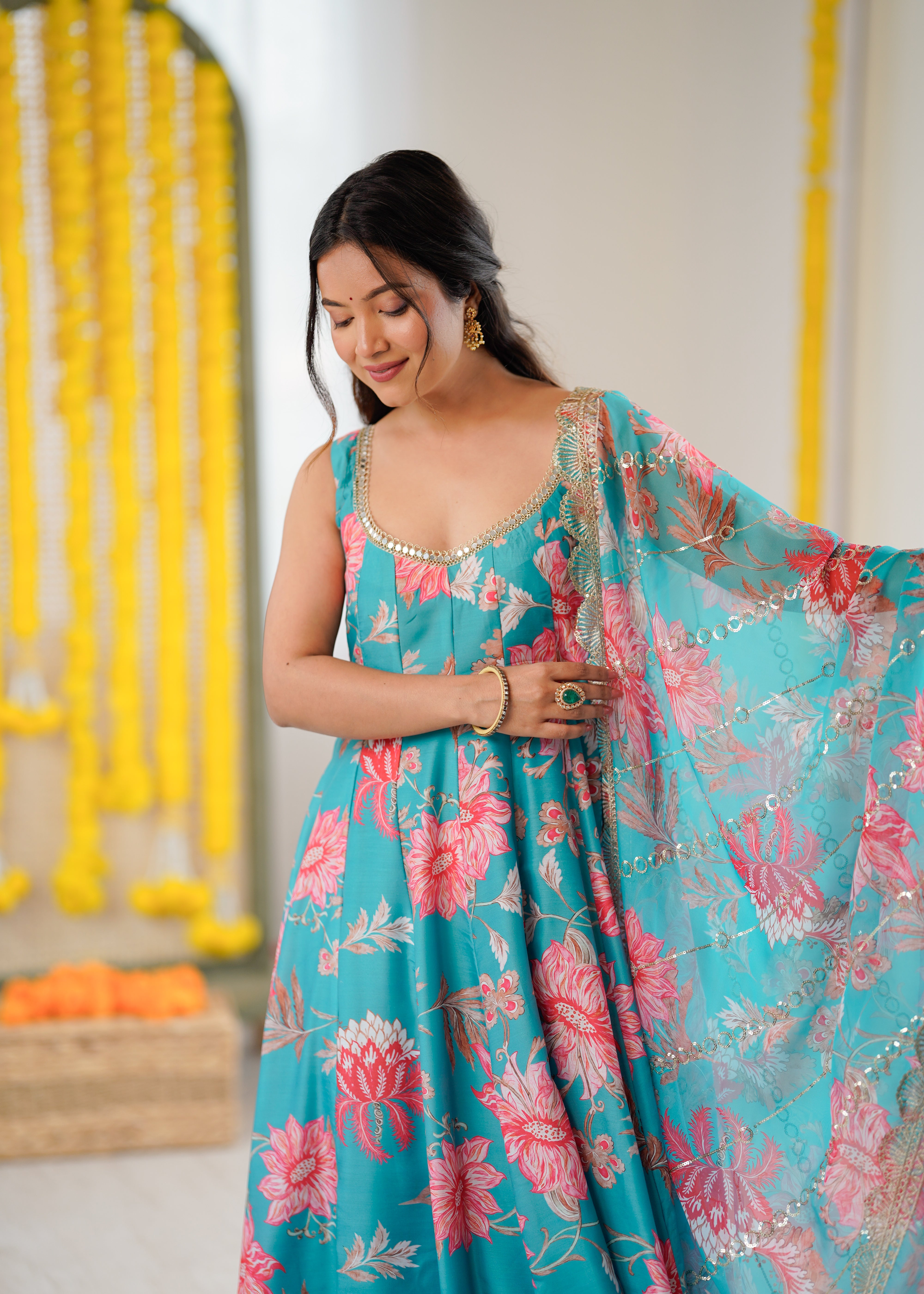 Rama Floral Print Kali Cut Anarkali Suit with Organza Dupatta & Pant Set for Women