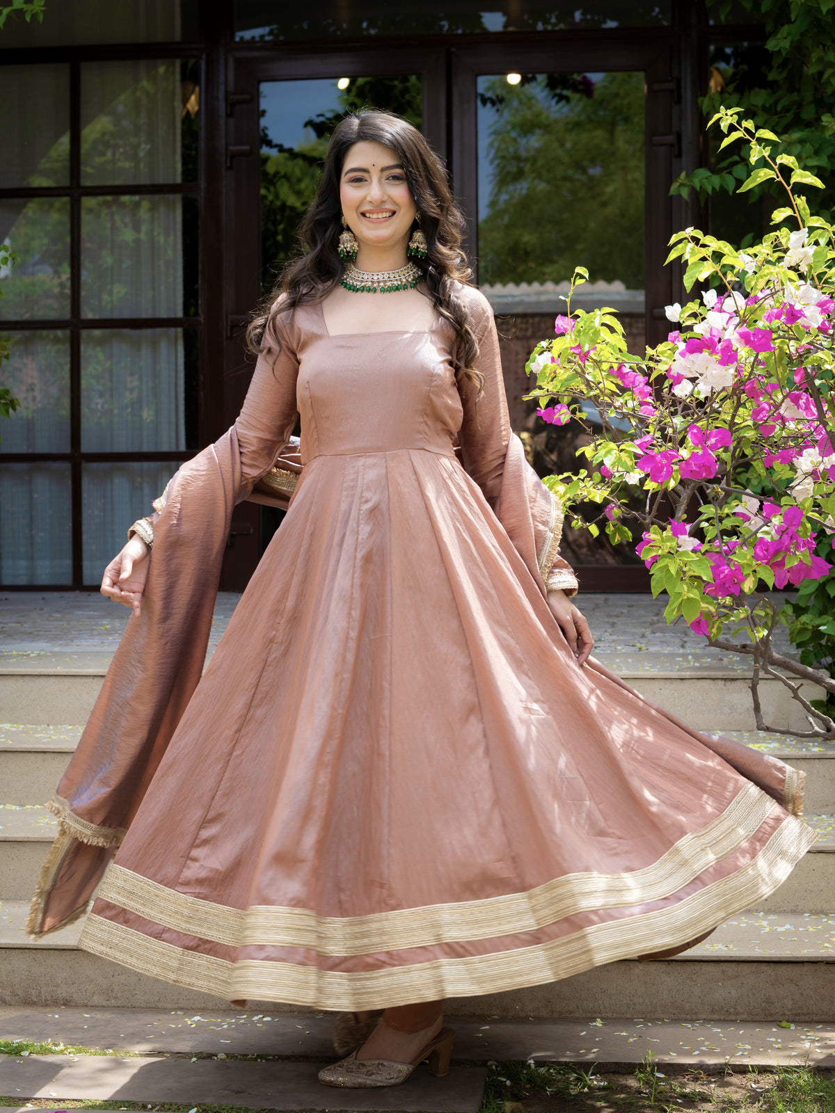 Mocha Brown Heavy Vichitra Silk Anarkali Suit Set with Embroidered Dupatta
