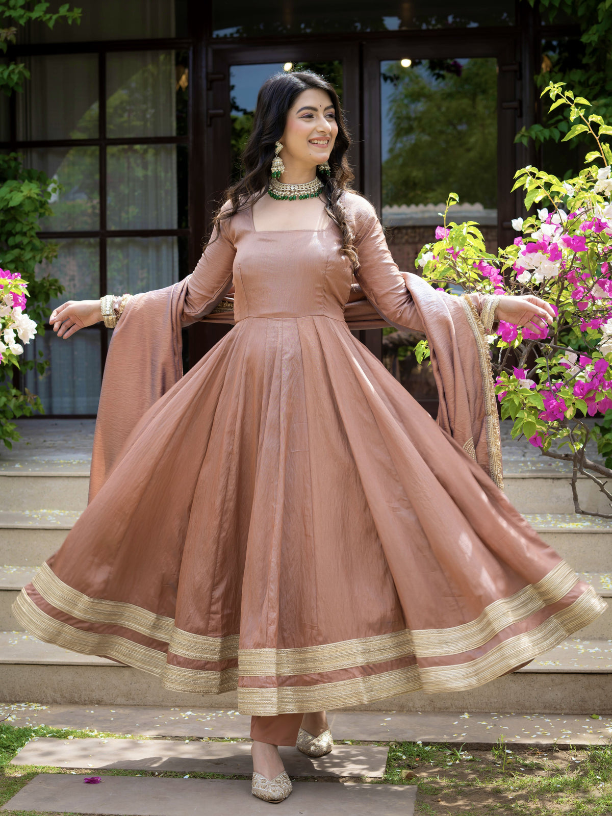 Mocha Brown Heavy Vichitra Silk Anarkali Suit Set with Embroidered Dupatta