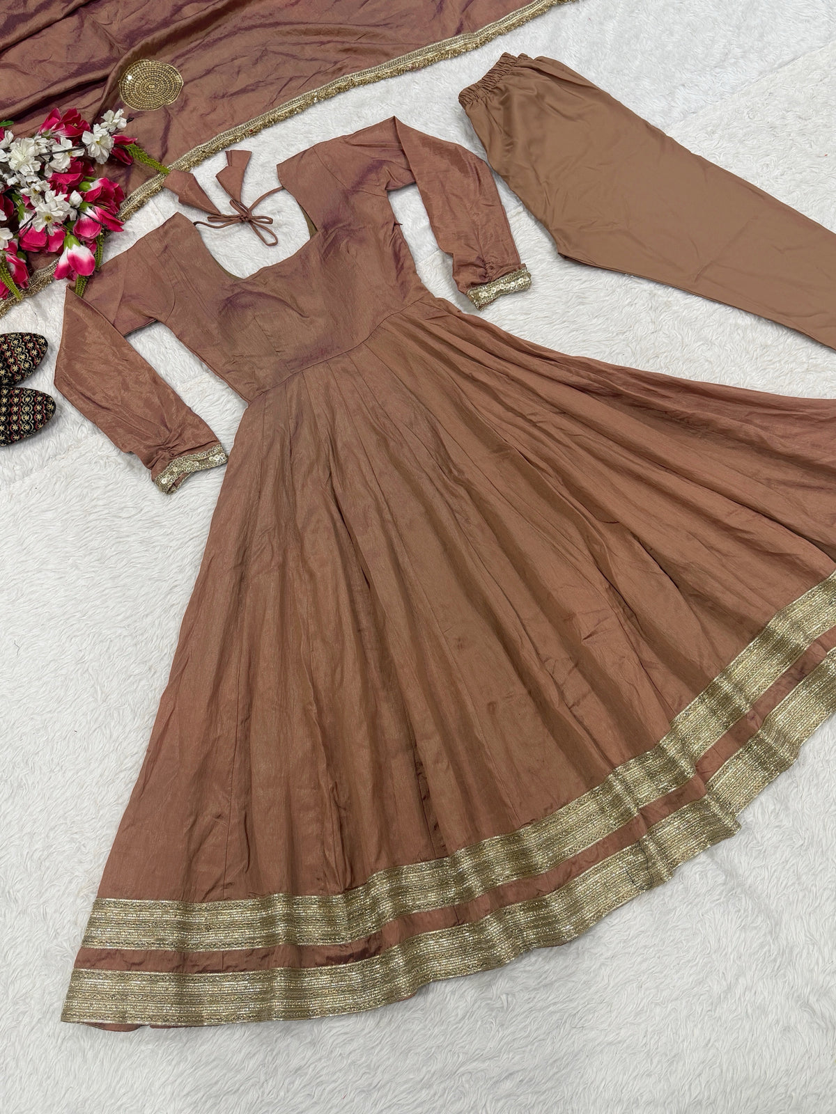 Mocha Brown Heavy Vichitra Silk Anarkali Suit Set with Embroidered Dupatta