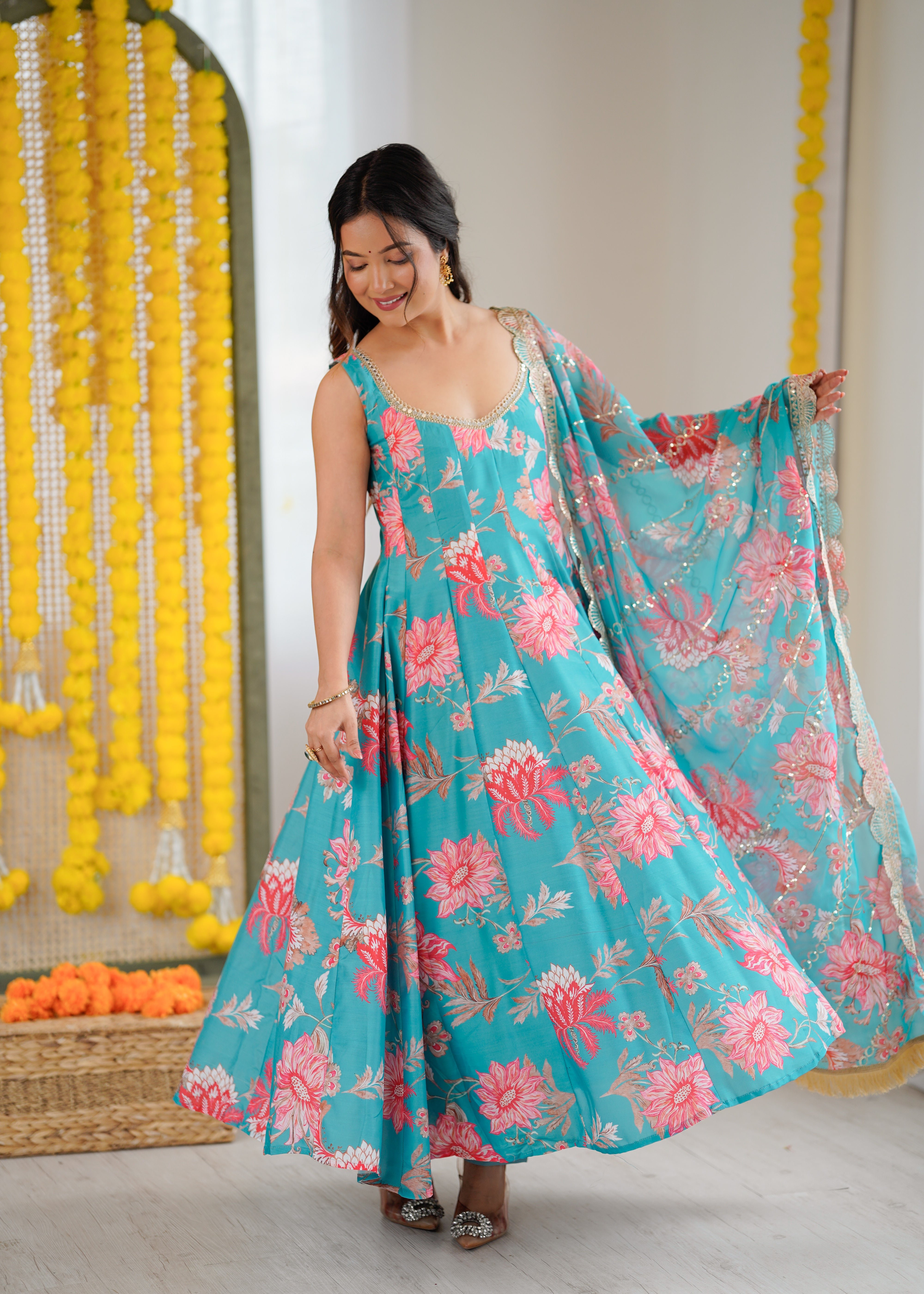 Rama Floral Print Kali Cut Anarkali Suit with Organza Dupatta & Pant Set for Women