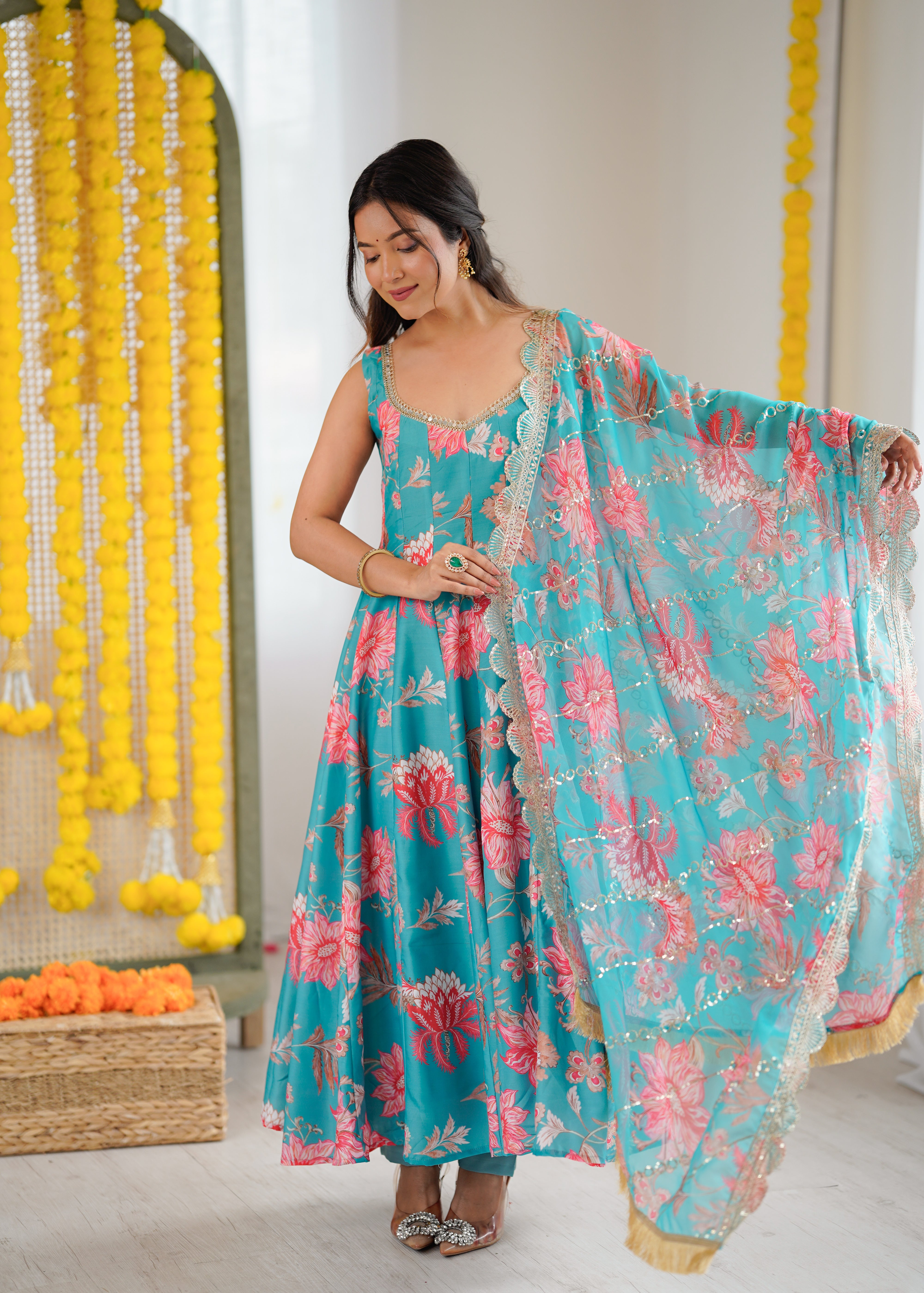 Rama Floral Print Kali Cut Anarkali Suit with Organza Dupatta & Pant Set for Women