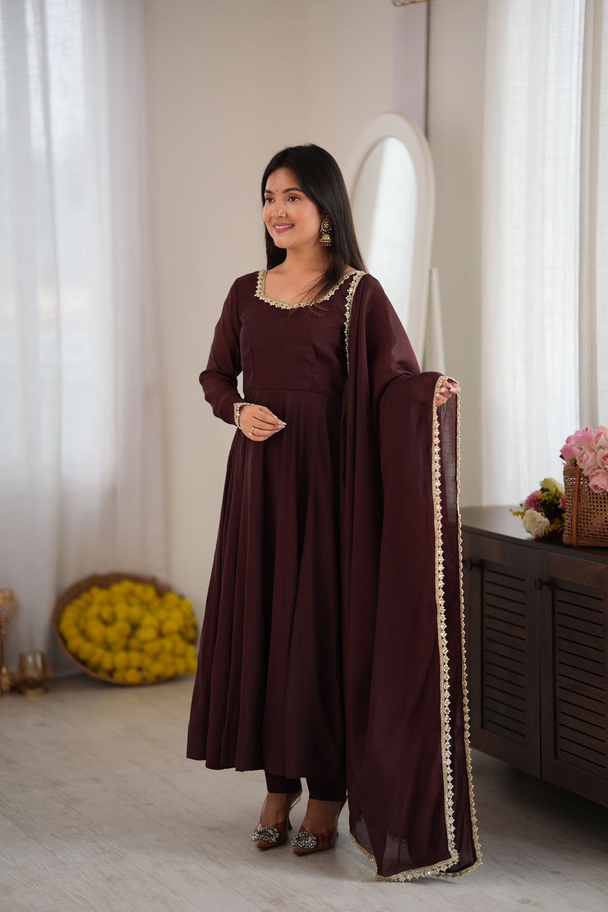 Chocolate Brown Pure Mal Chanderi 16 Kali Anarkali Gown Set with Mirror Work Dupatta