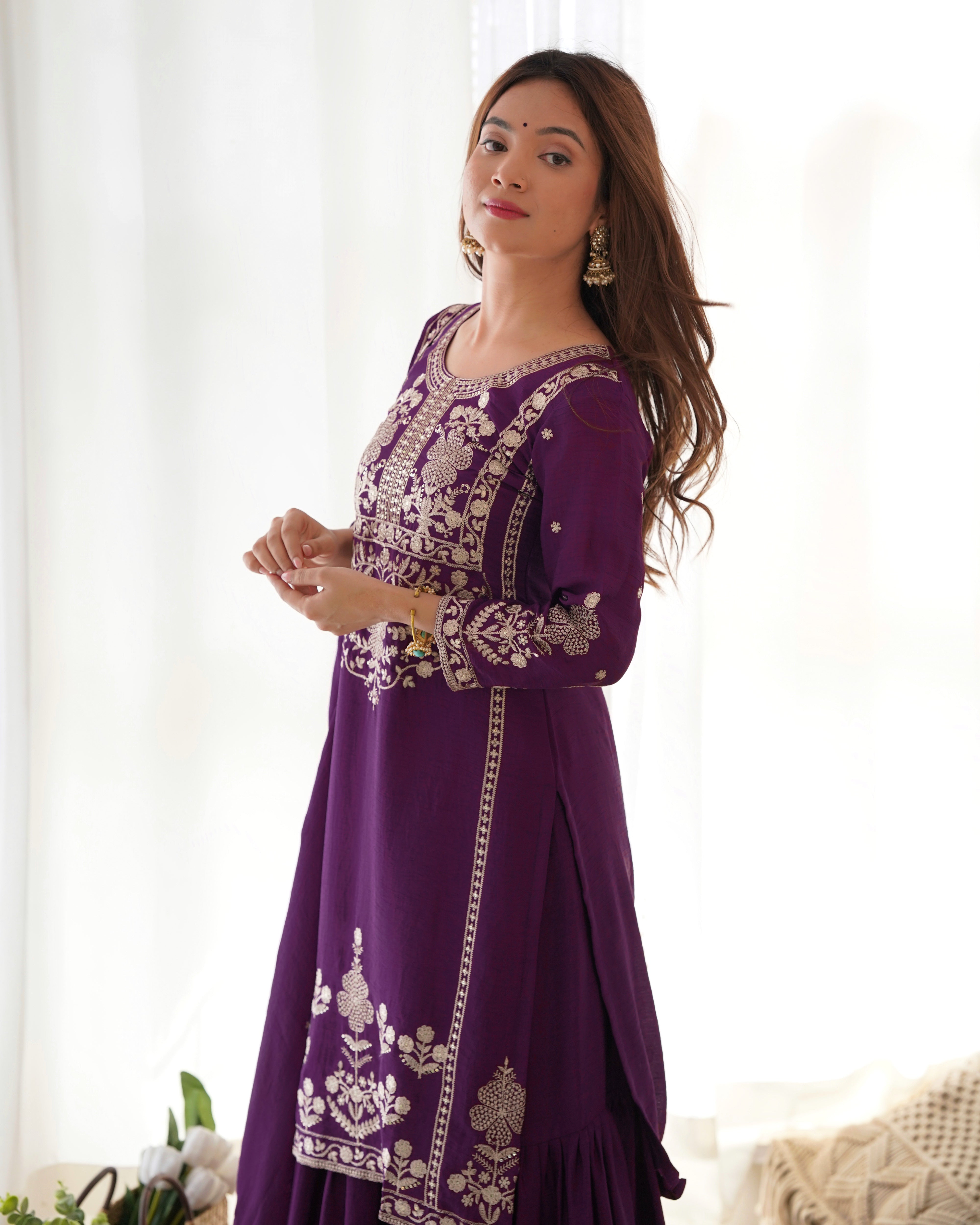 Pure Chinnon Silk Embroidered Sharara Set with Dupatta for Women | Nardev Fashion