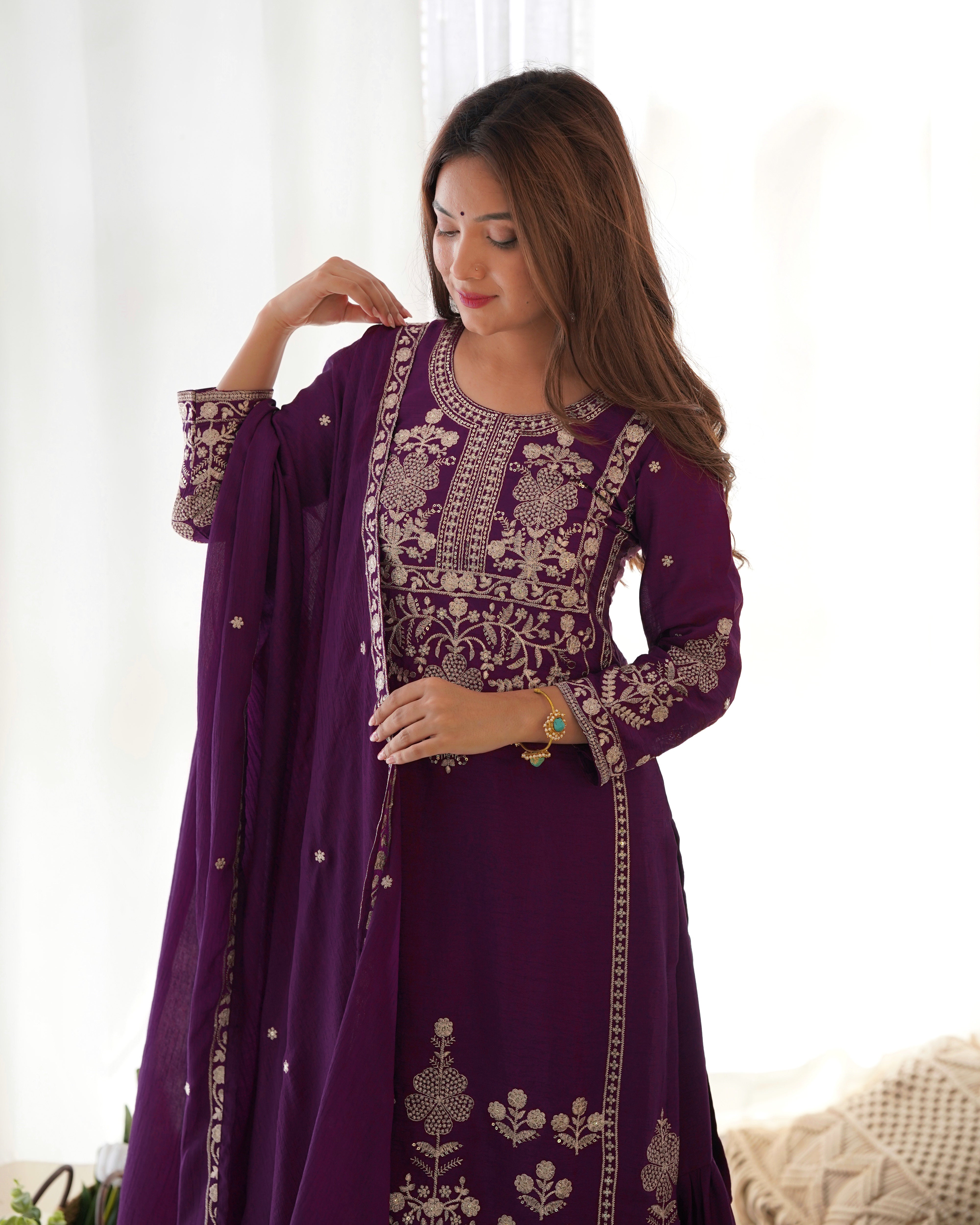 Pure Chinnon Silk Embroidered Sharara Set with Dupatta for Women | Nardev Fashion