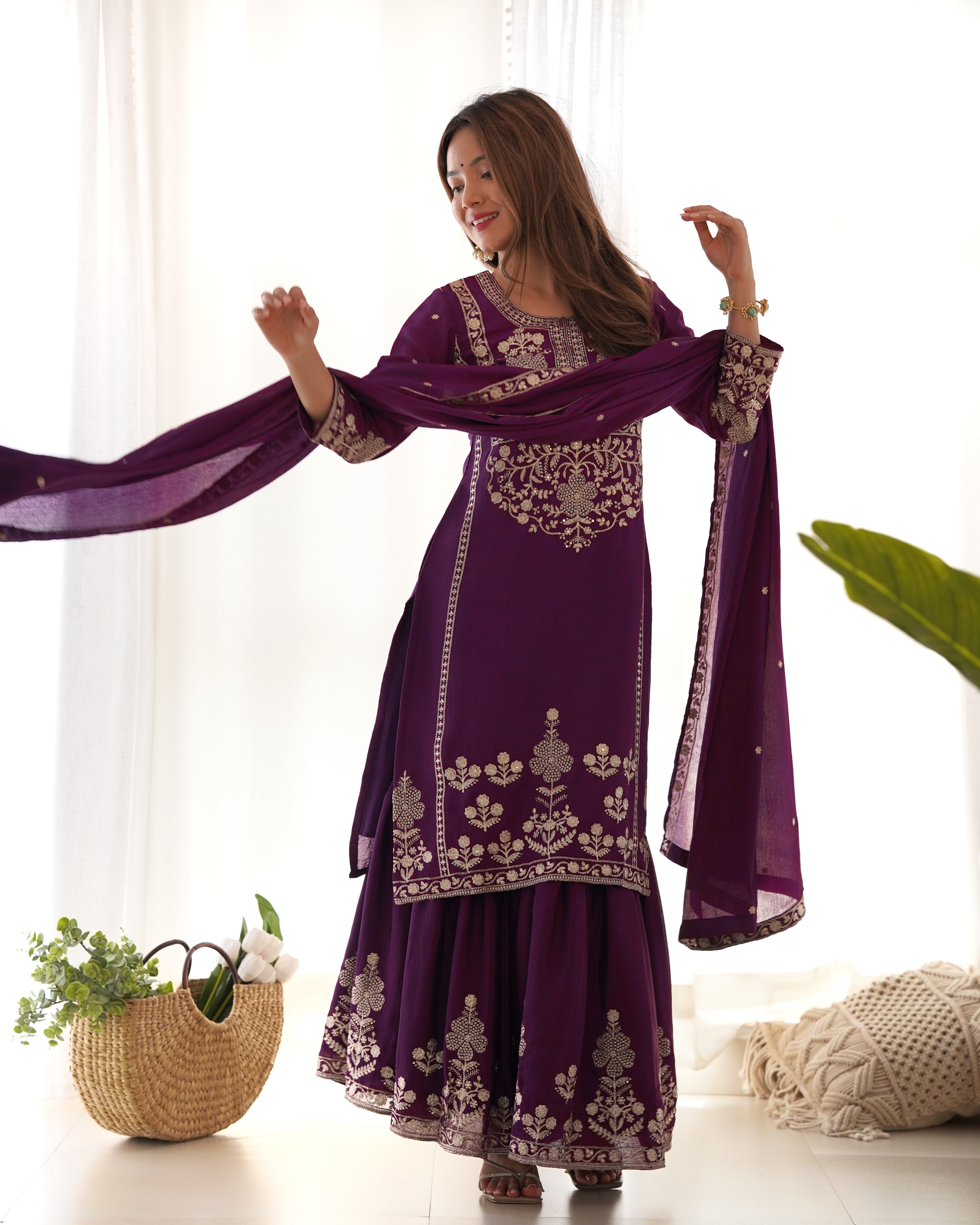 Pure Chinnon Silk Embroidered Sharara Set with Dupatta for Women | Nardev Fashion