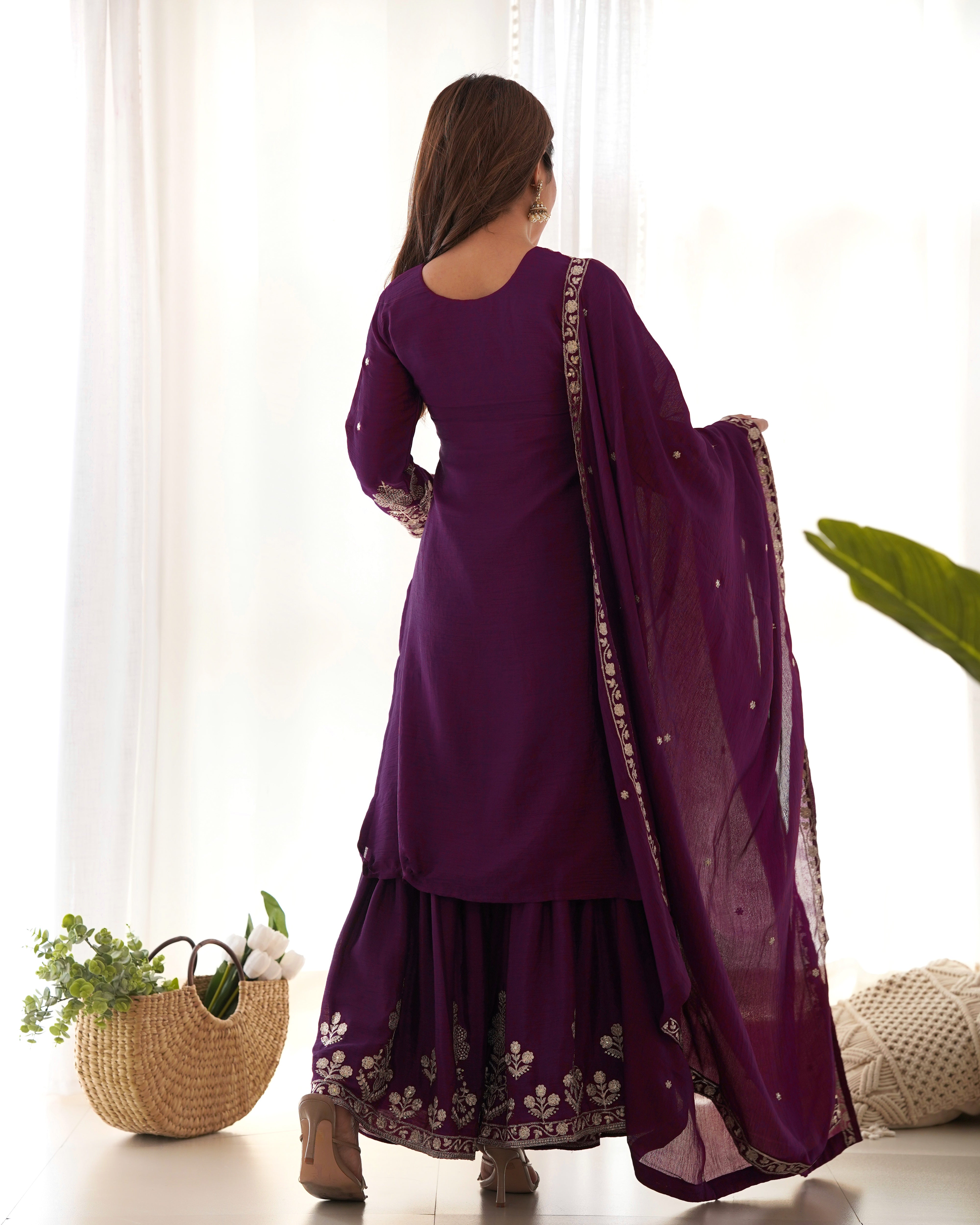 Pure Chinnon Silk Embroidered Sharara Set with Dupatta for Women | Nardev Fashion