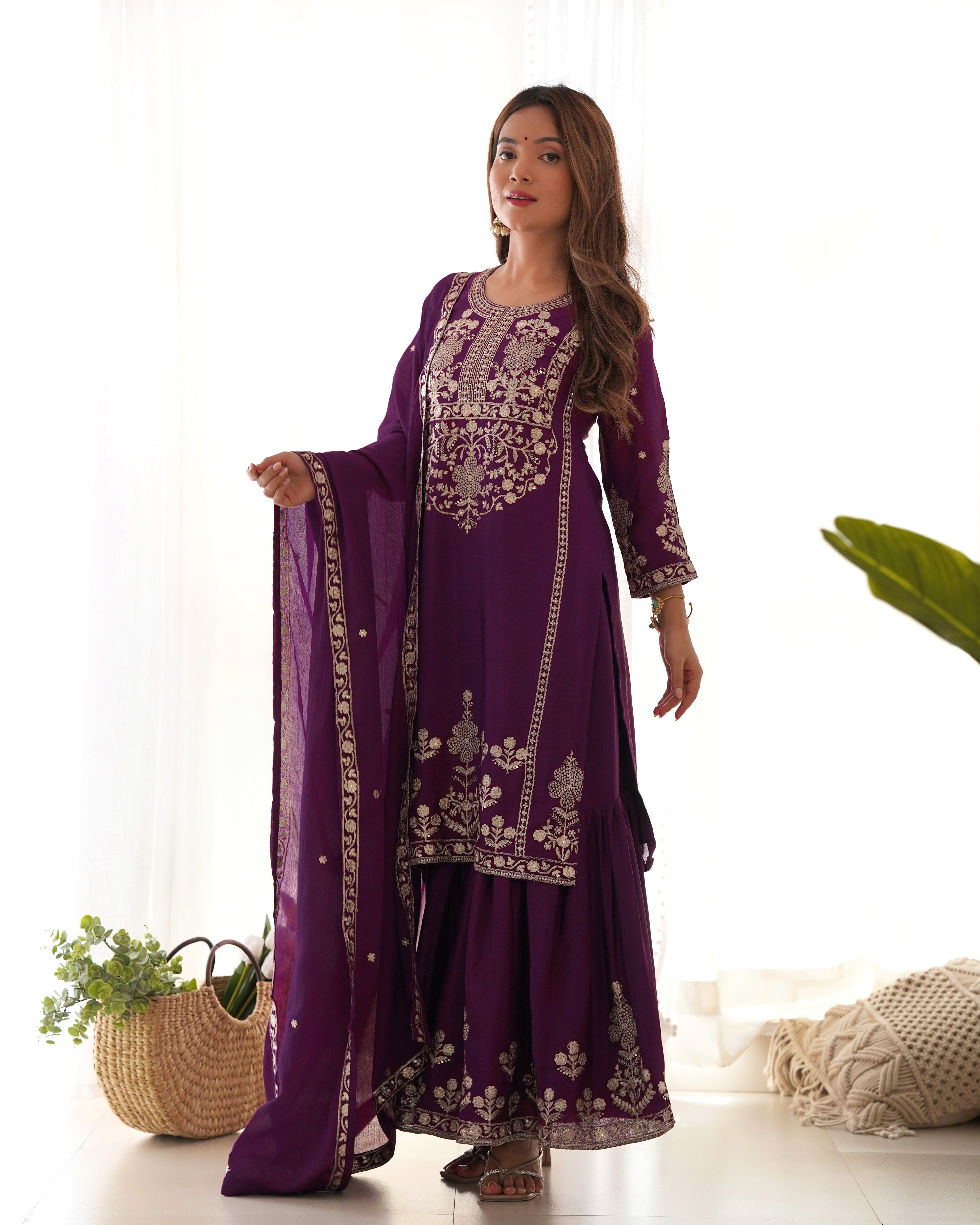 Pure Chinnon Silk Embroidered Sharara Set with Dupatta for Women | Nardev Fashion