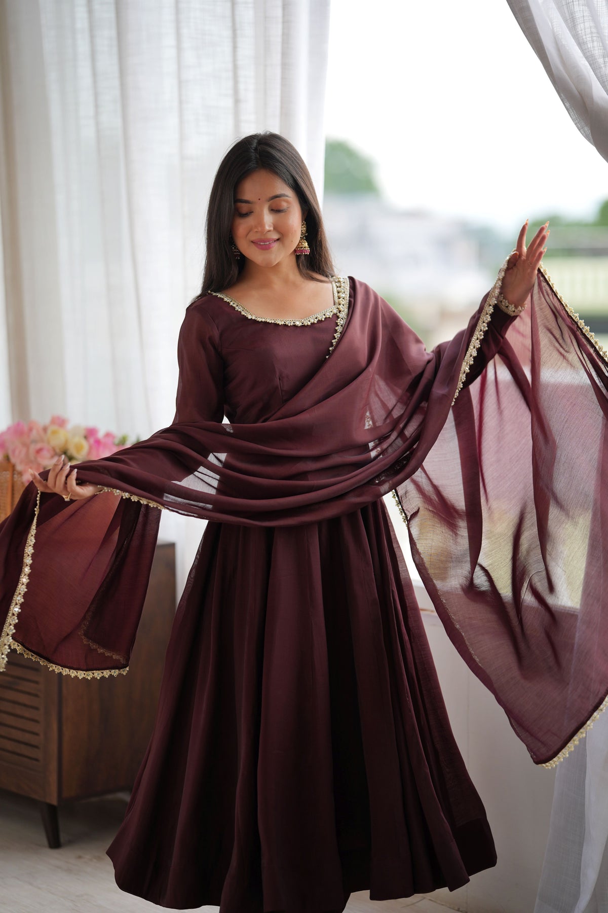 Chocolate Brown Pure Mal Chanderi 16 Kali Anarkali Gown Set with Mirror Work Dupatta