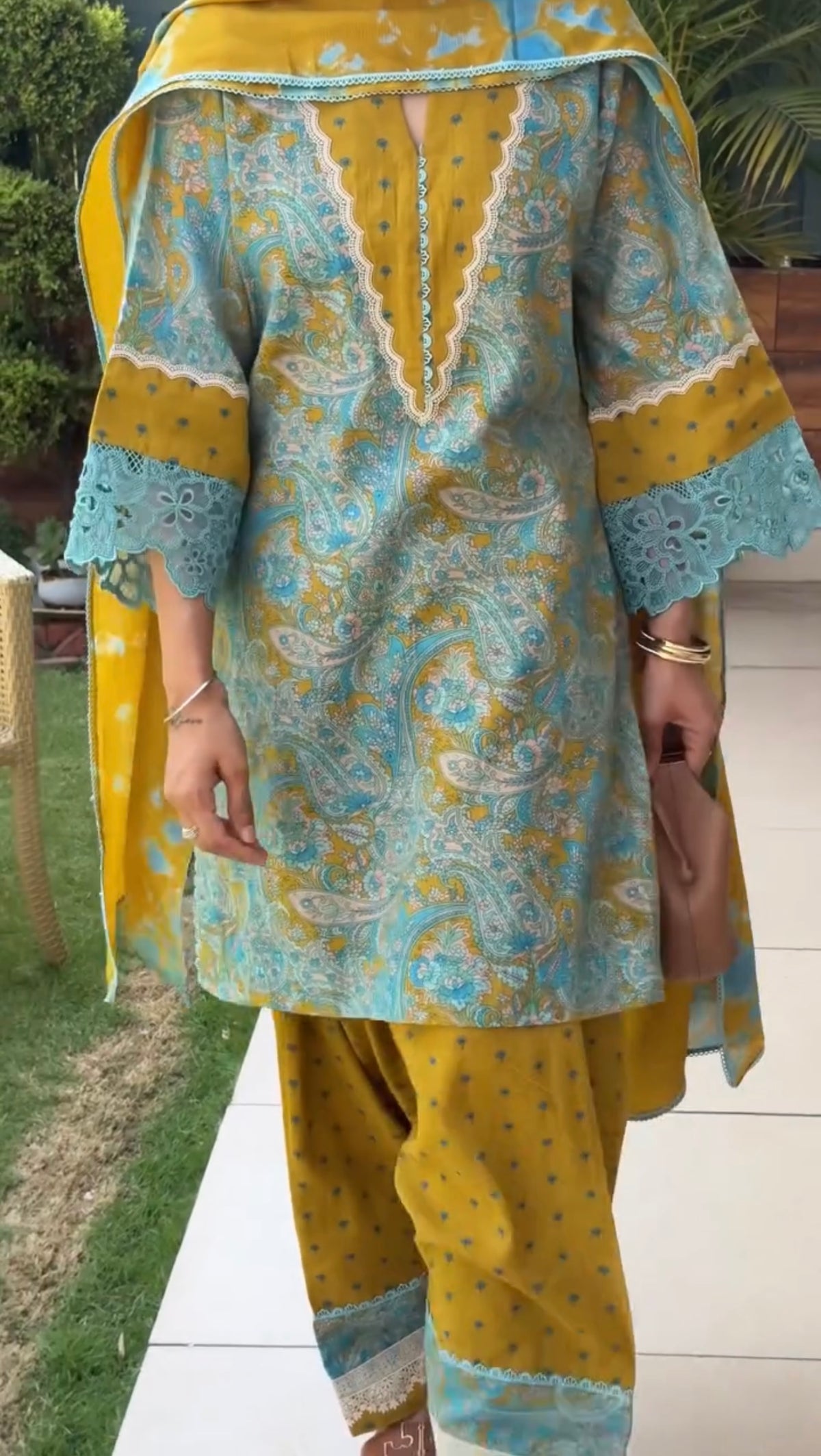 Mustard Yellow & Teal Printed Cambric Cotton Farshi Palazzo Suit Set