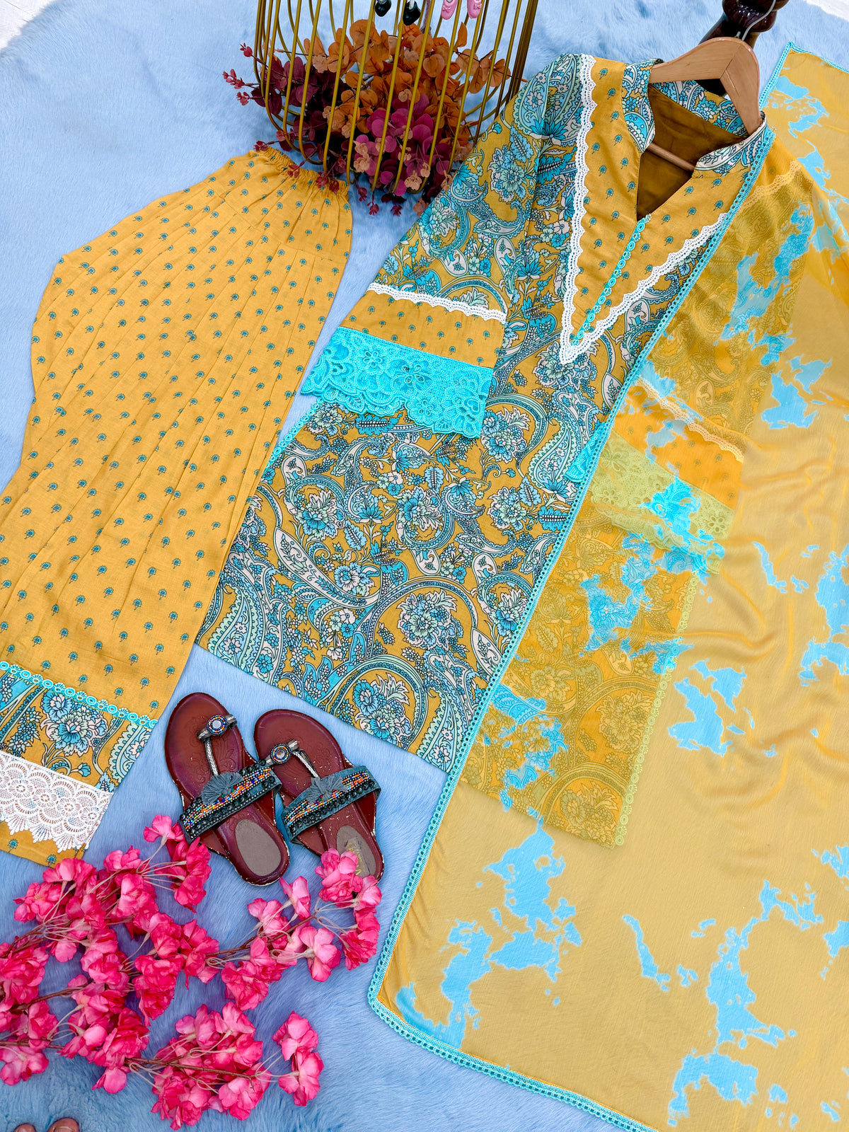 Mustard Yellow & Teal Printed Cambric Cotton Farshi Palazzo Suit Set