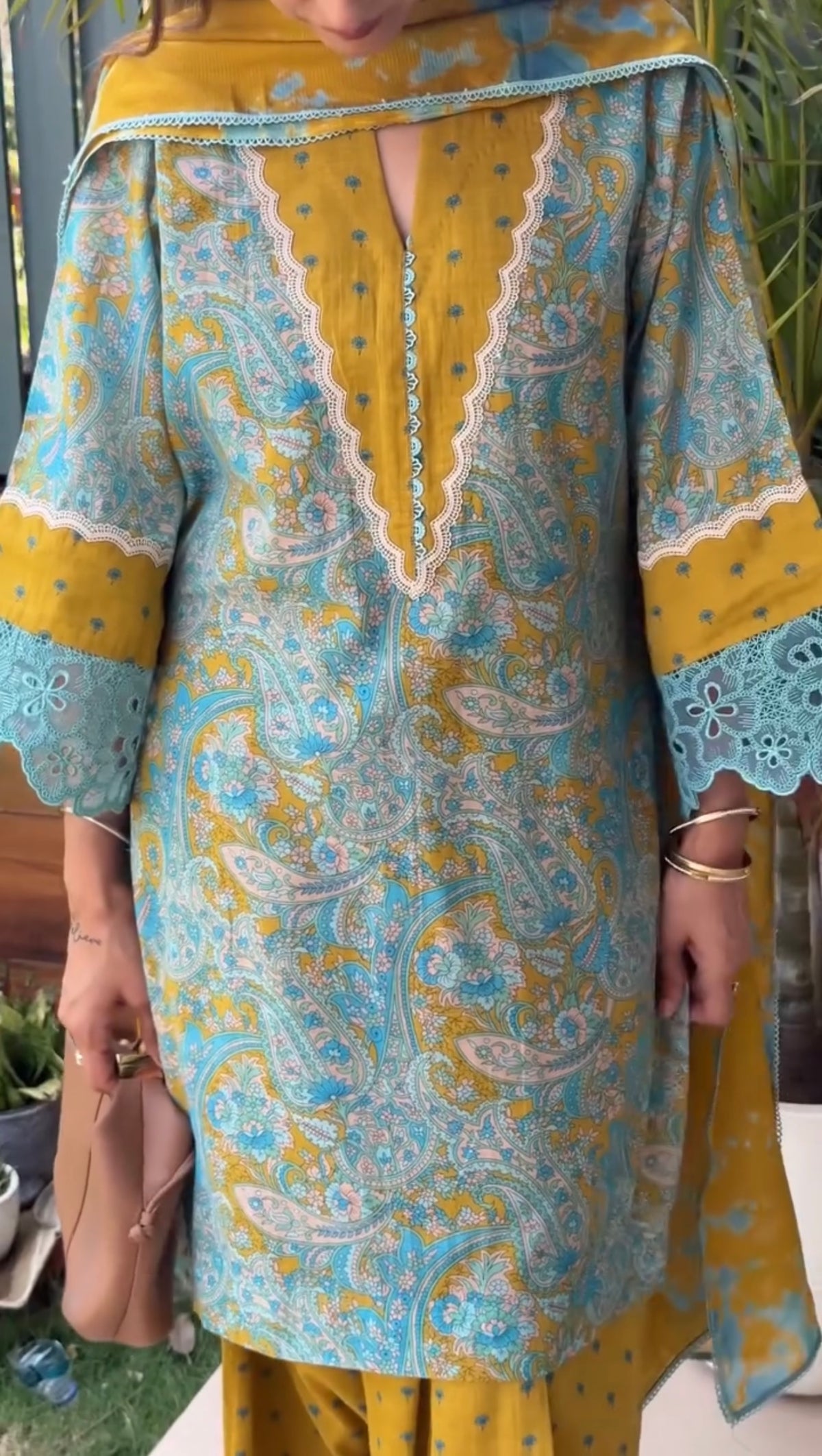 Mustard Yellow & Teal Printed Cambric Cotton Farshi Palazzo Suit Set