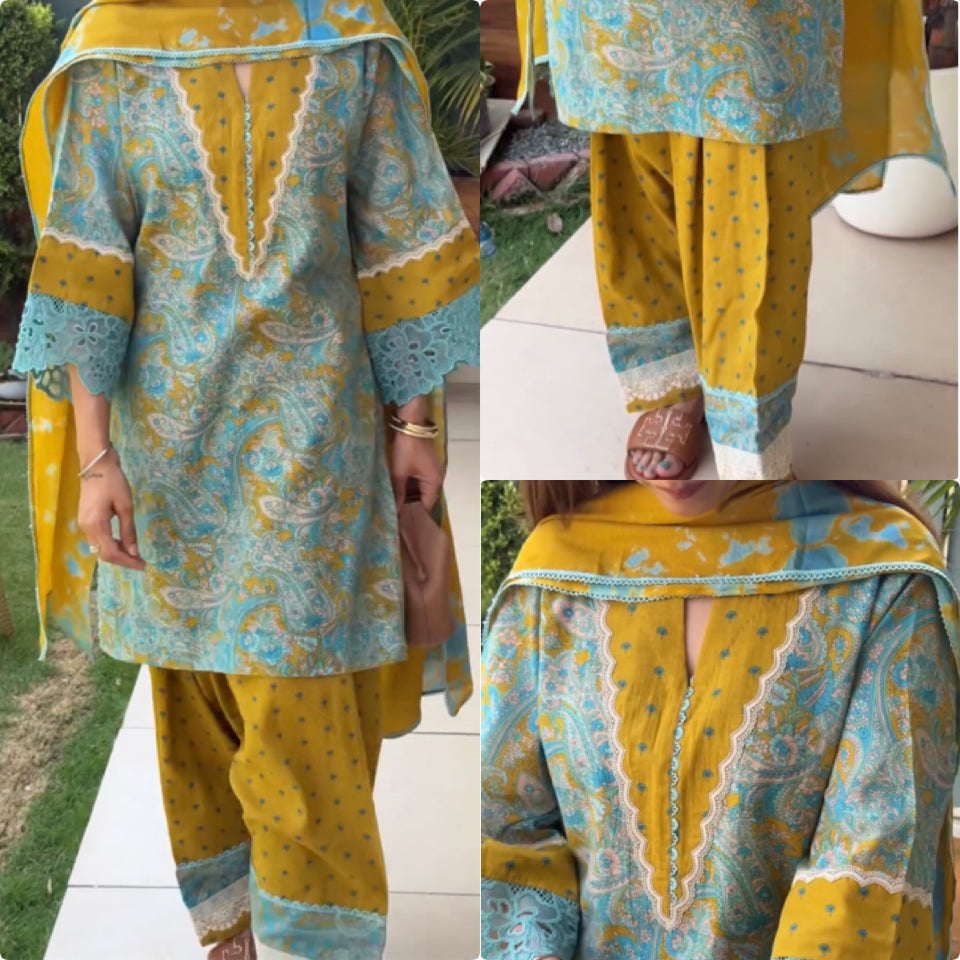 Mustard Yellow & Teal Printed Cambric Cotton Farshi Palazzo Suit Set