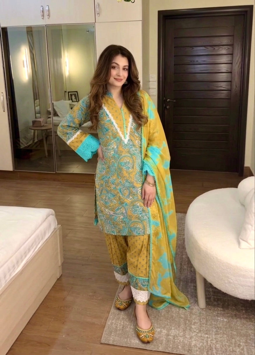 Mustard Yellow & Teal Printed Cambric Cotton Farshi Palazzo Suit Set