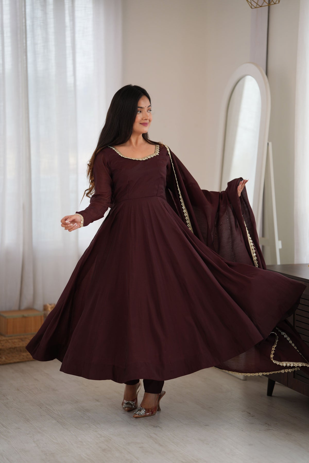 Chocolate Brown Pure Mal Chanderi 16 Kali Anarkali Gown Set with Mirror Work Dupatta