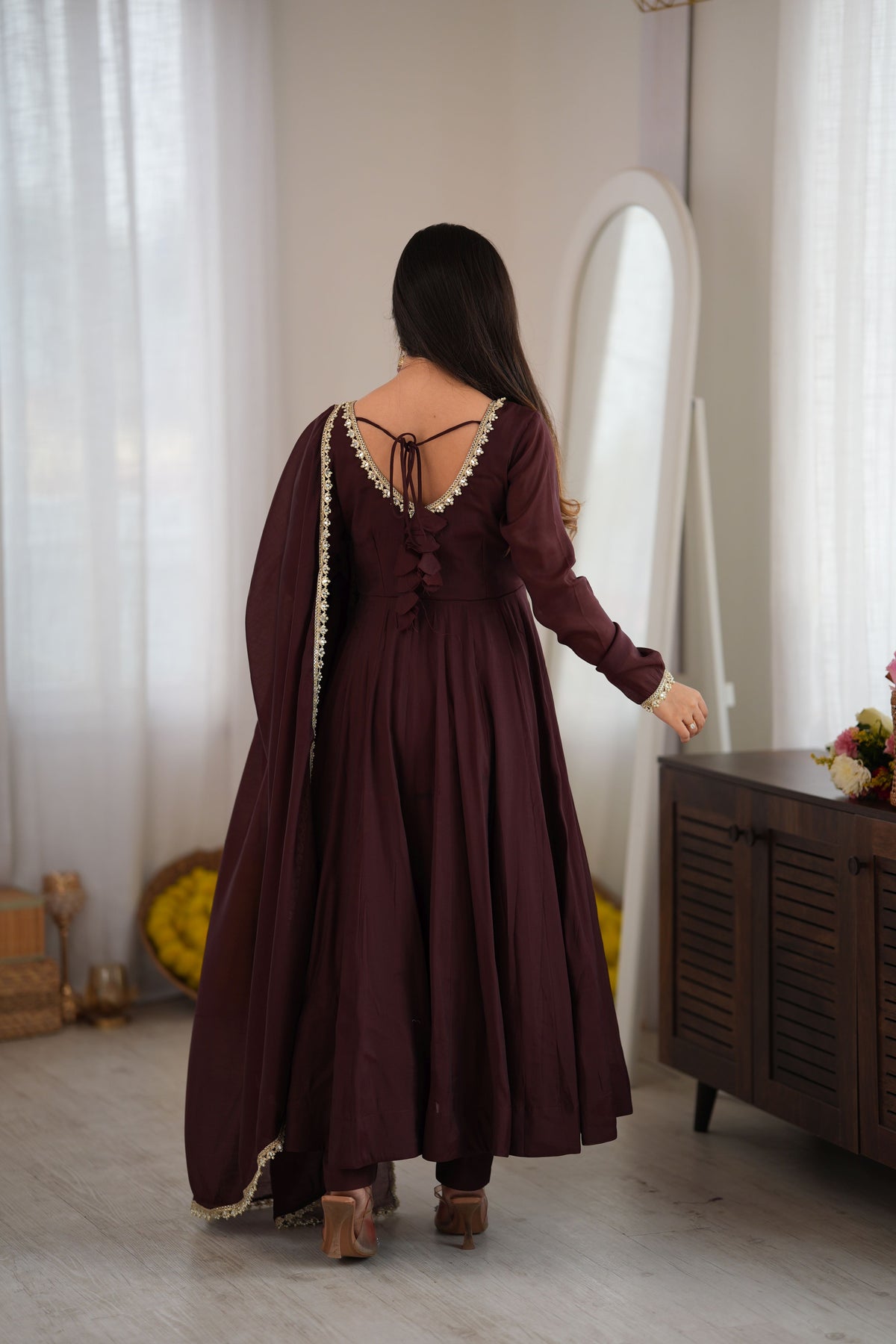 Chocolate Brown Pure Mal Chanderi 16 Kali Anarkali Gown Set with Mirror Work Dupatta
