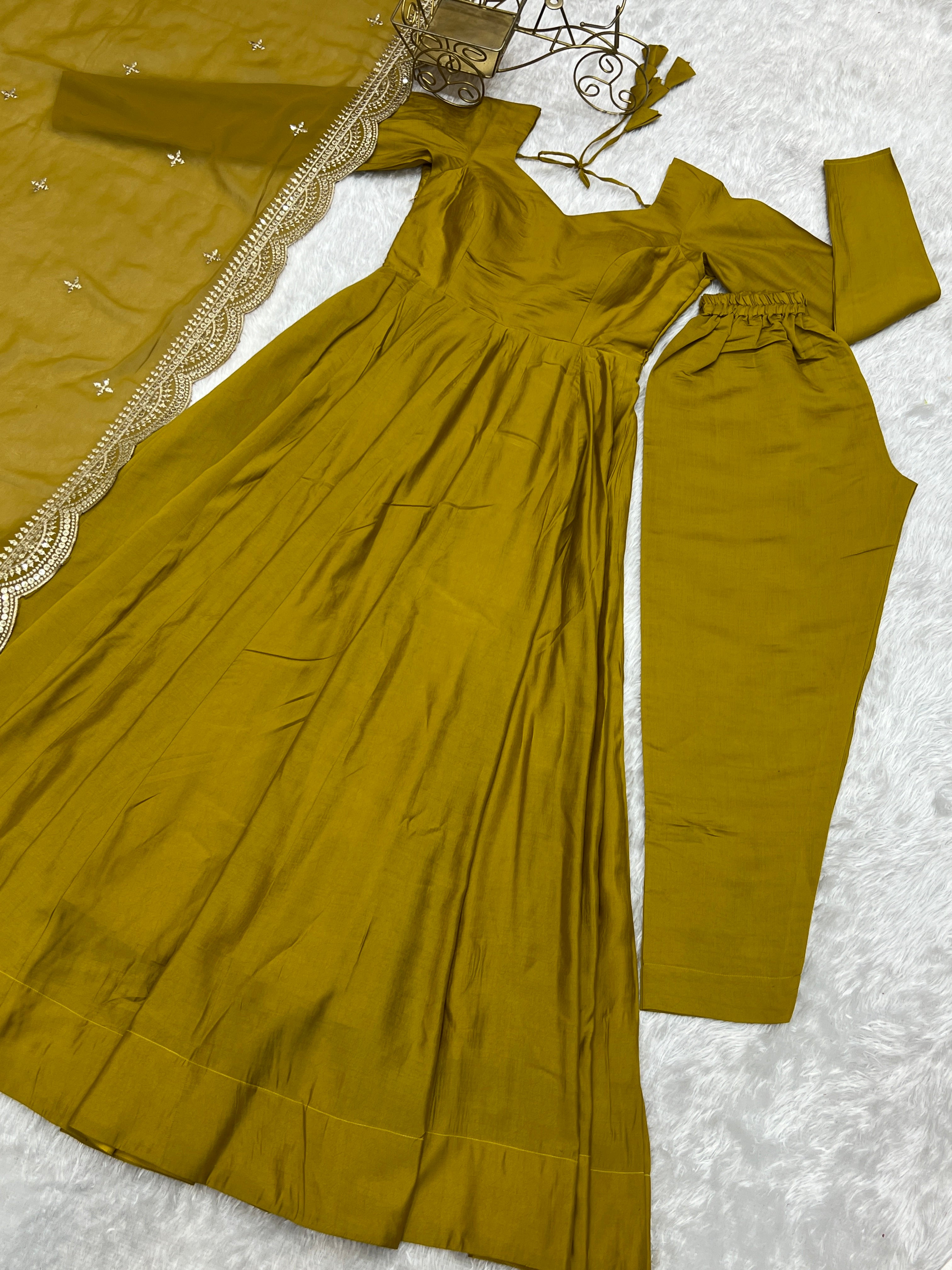 Mustard Yellow Anarkali Gown Dupatta Pant Set