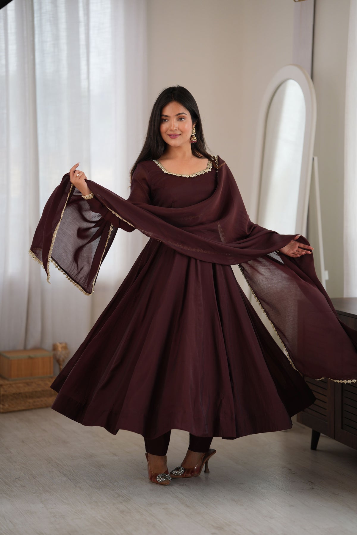 Chocolate Brown Pure Mal Chanderi 16 Kali Anarkali Gown Set with Mirror Work Dupatta