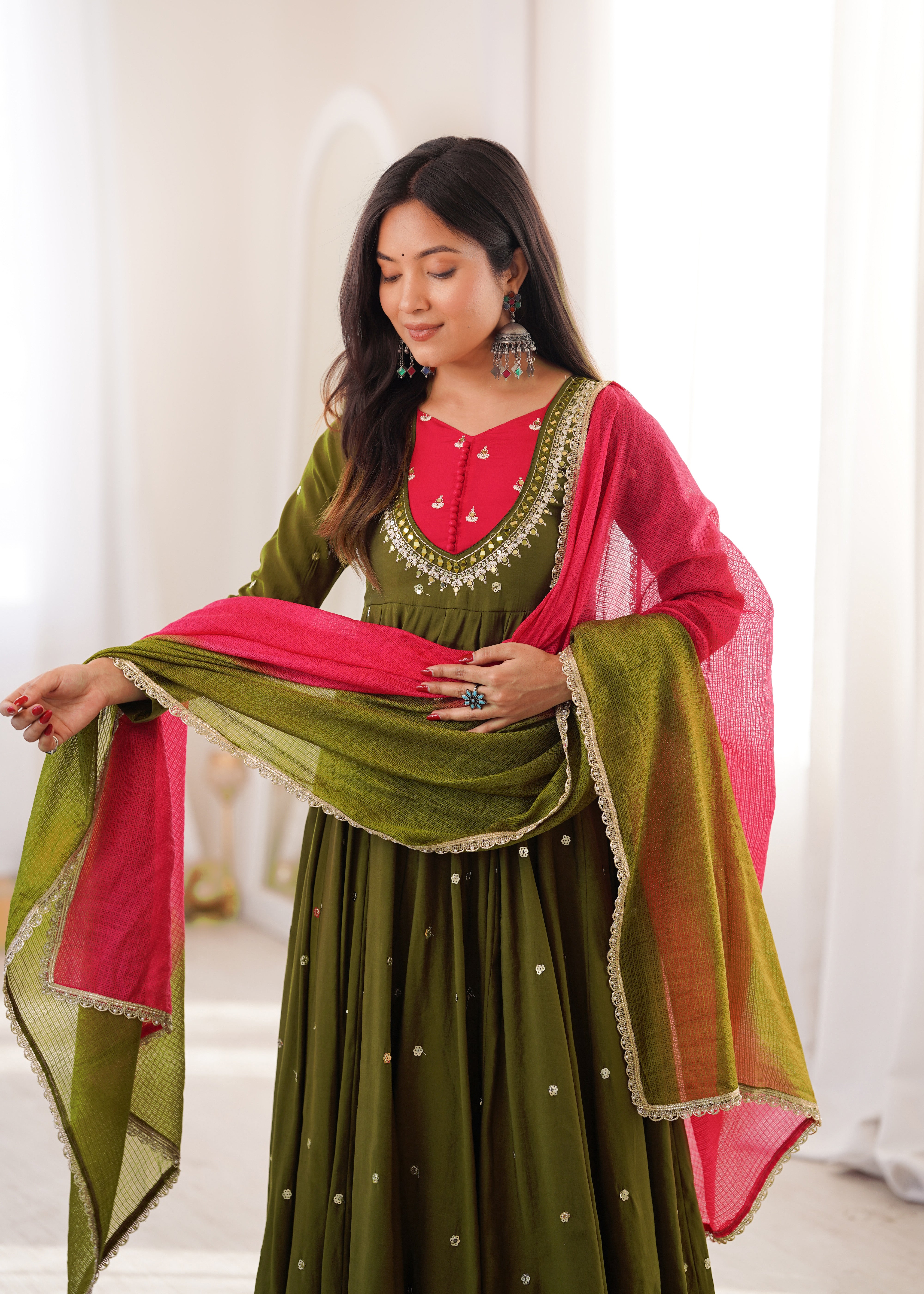 Olive Green Roman Silk Designer Anarkali Suit Set with Pink Kota Checks Dupatta