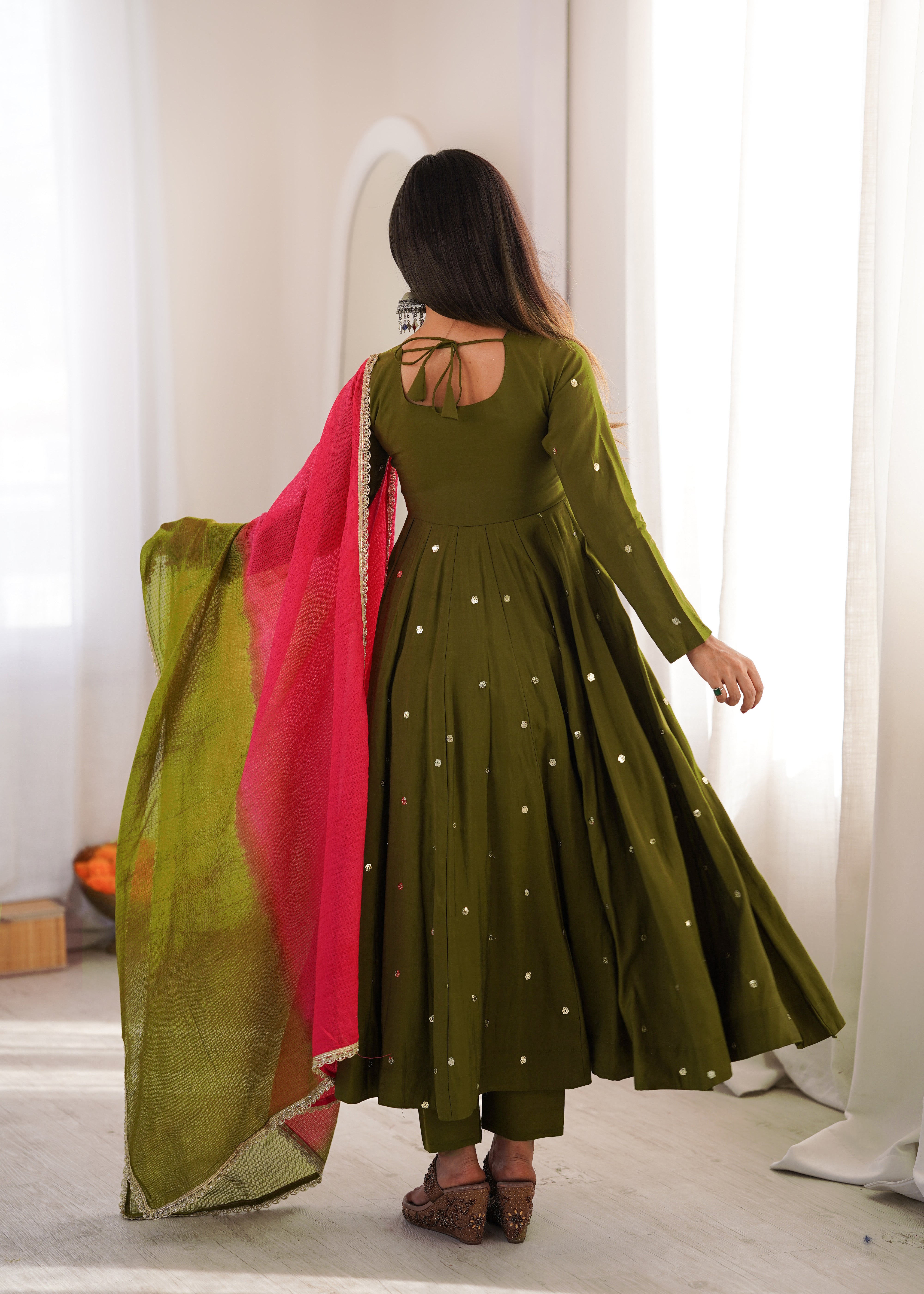 Olive Green Roman Silk Designer Anarkali Suit Set with Pink Kota Checks Dupatta