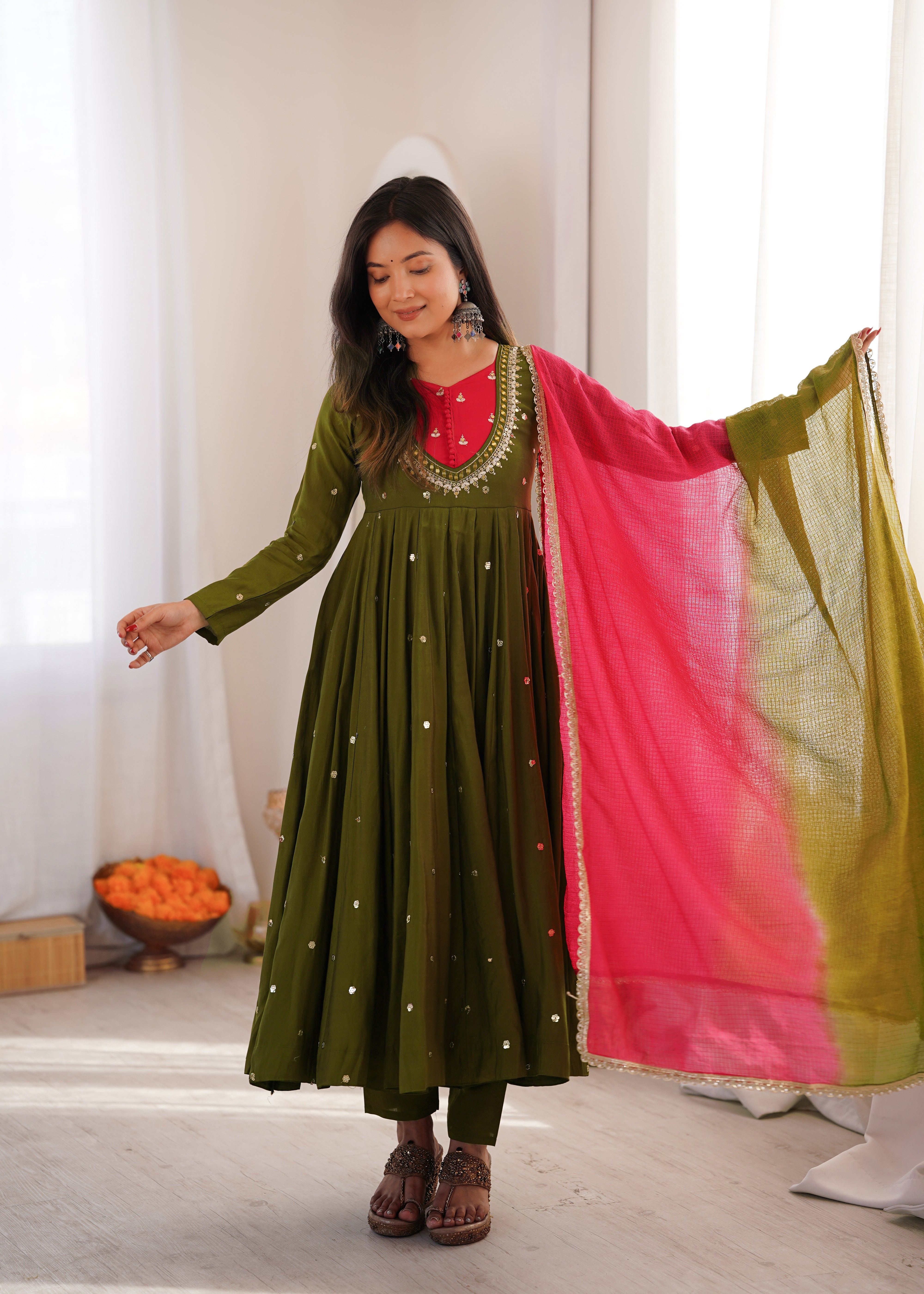 Olive Green Roman Silk Designer Anarkali Suit Set with Pink Kota Checks Dupatta