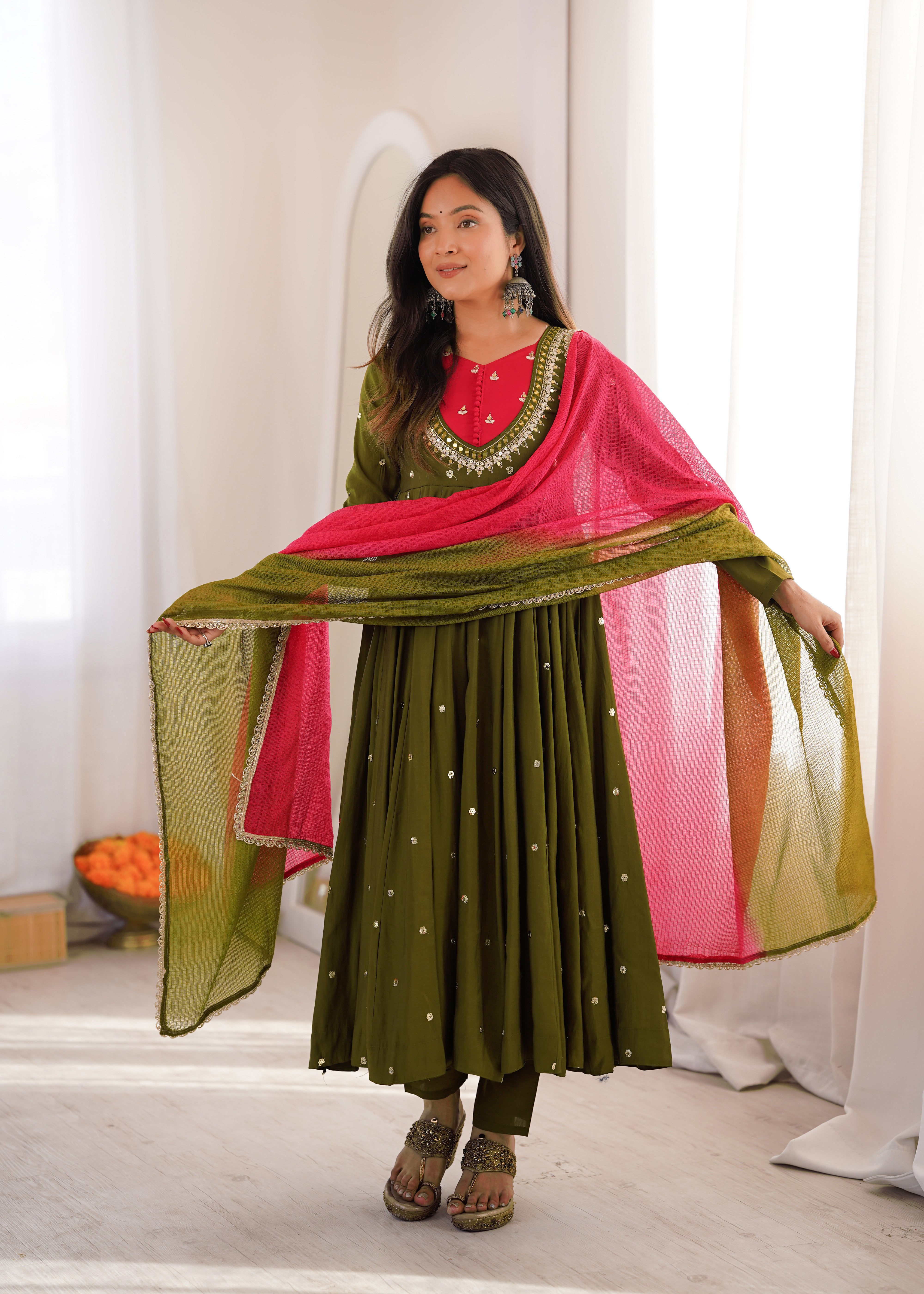 Olive Green Roman Silk Designer Anarkali Suit Set with Pink Kota Checks Dupatta