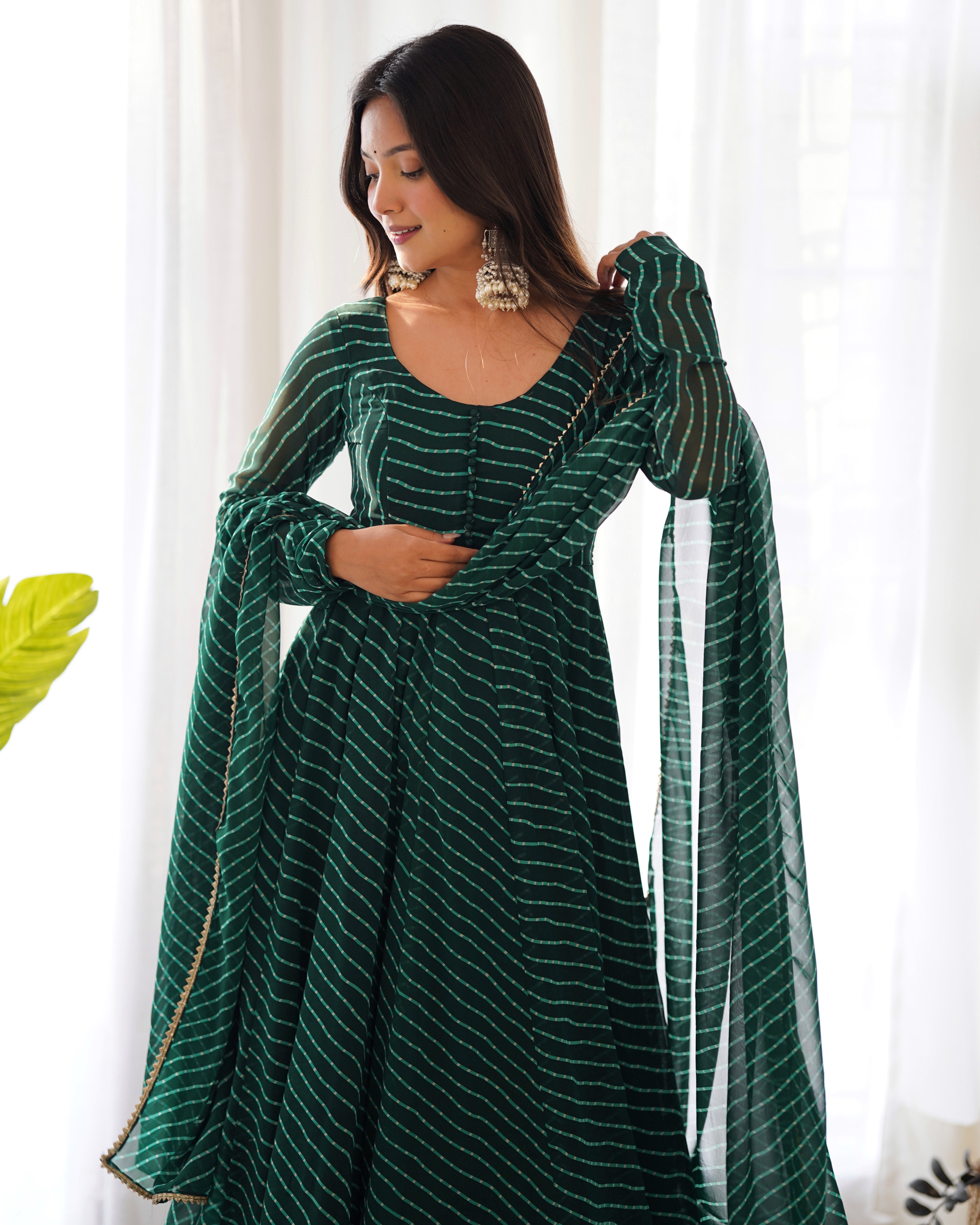 Emerald Green Laheriya Print Fox Georgette Anarkali Suit Set with Dupatta & Pant