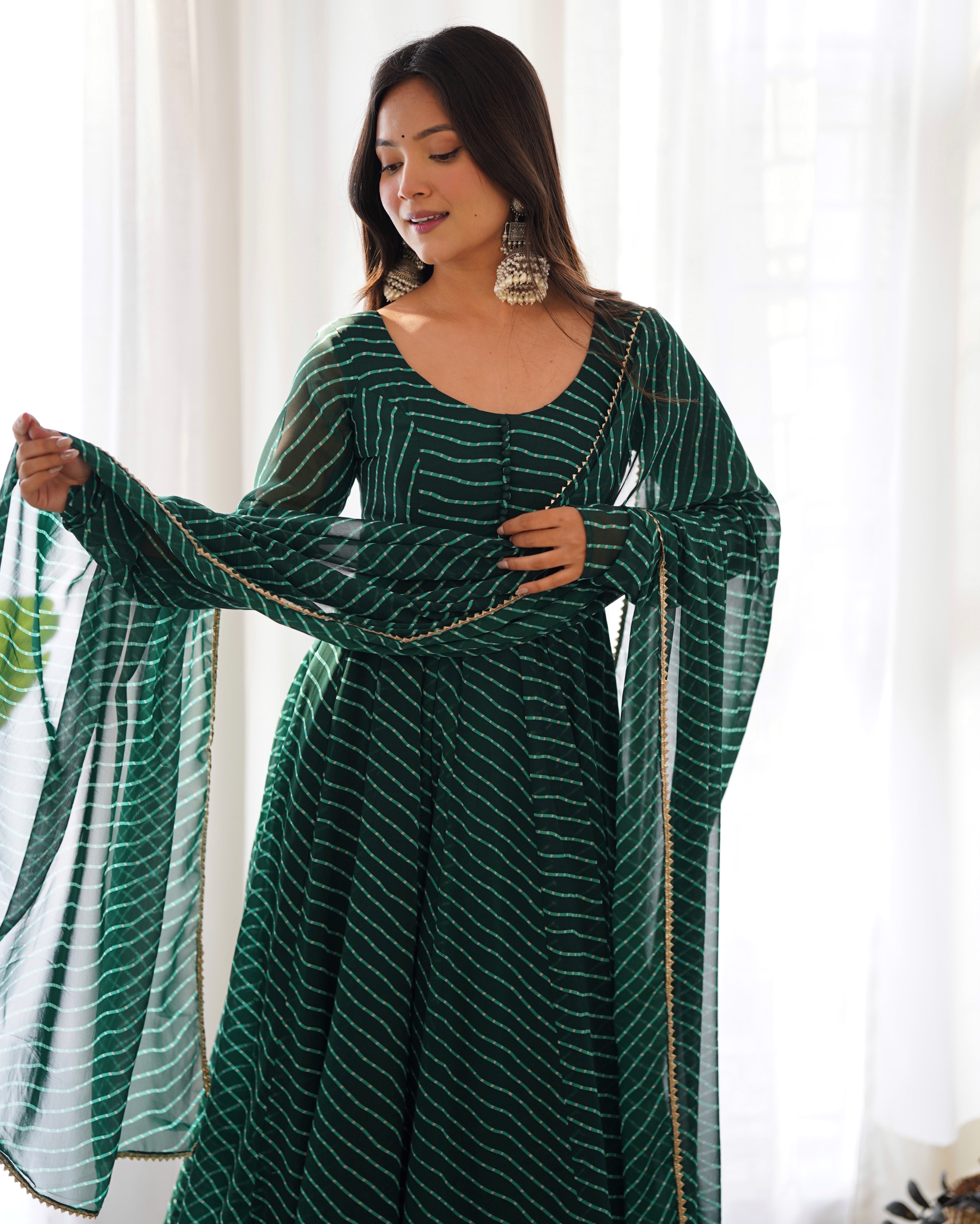 Emerald Green Laheriya Print Fox Georgette Anarkali Suit Set with Dupatta & Pant