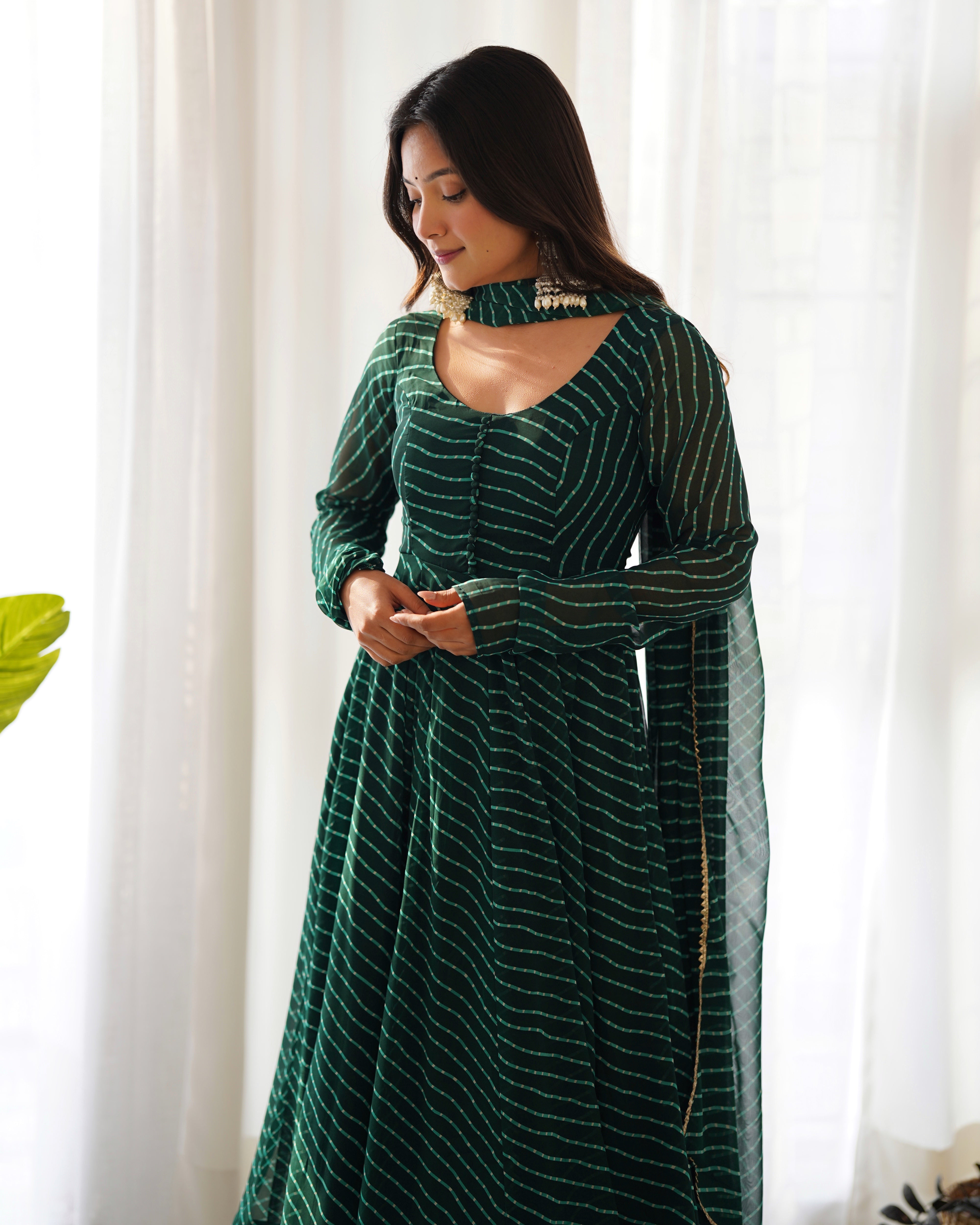 Emerald Green Laheriya Print Fox Georgette Anarkali Suit Set with Dupatta & Pant