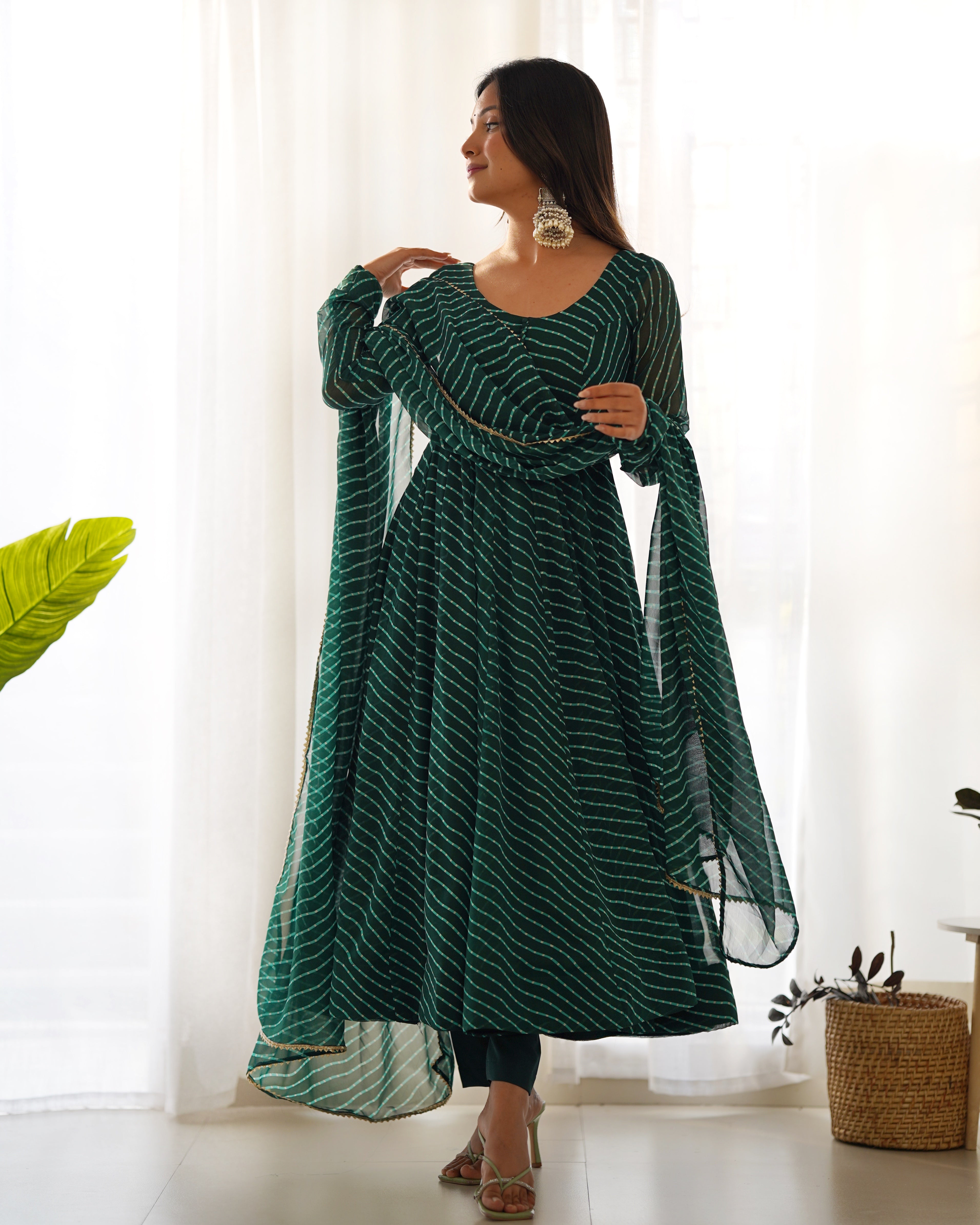 Emerald Green Laheriya Print Fox Georgette Anarkali Suit Set with Dupatta & Pant