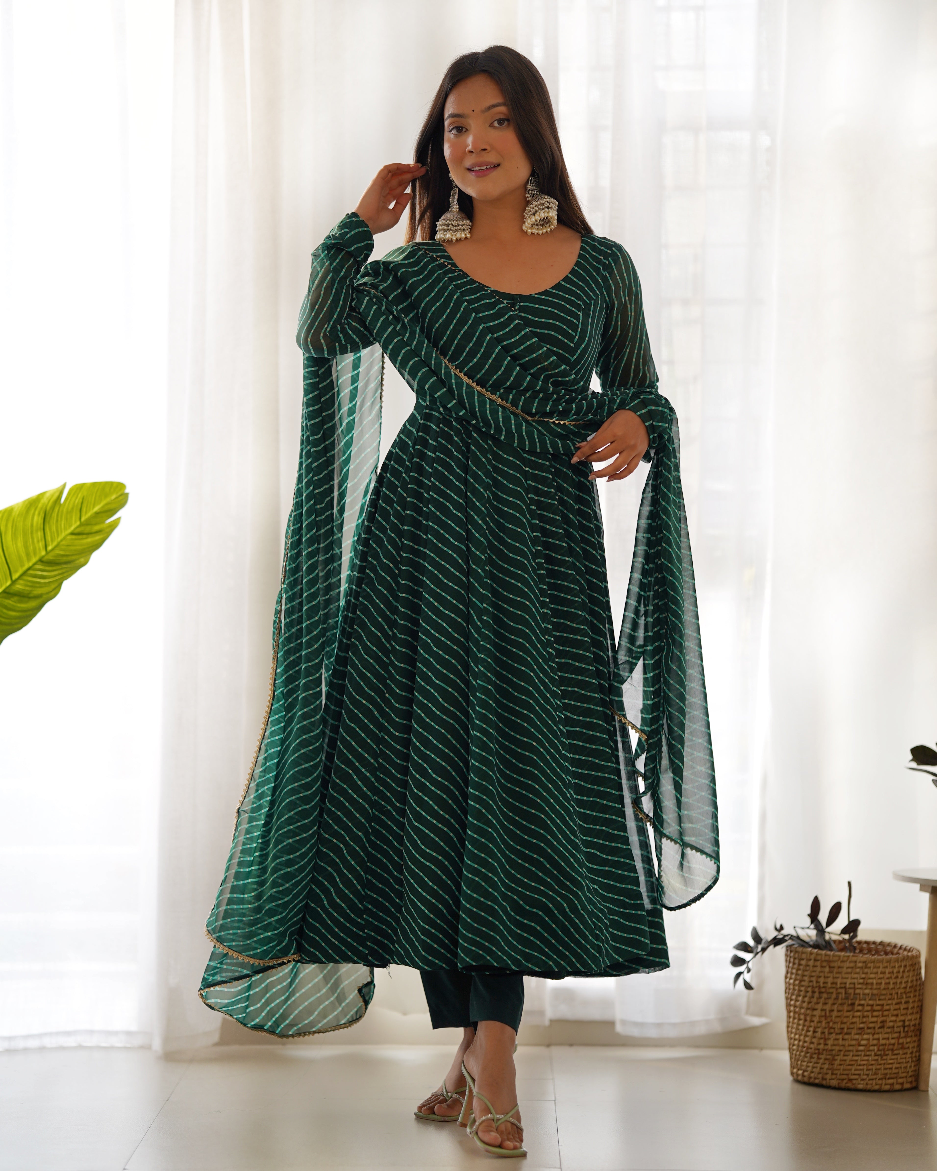 Emerald Green Laheriya Print Fox Georgette Anarkali Suit Set with Dupatta & Pant